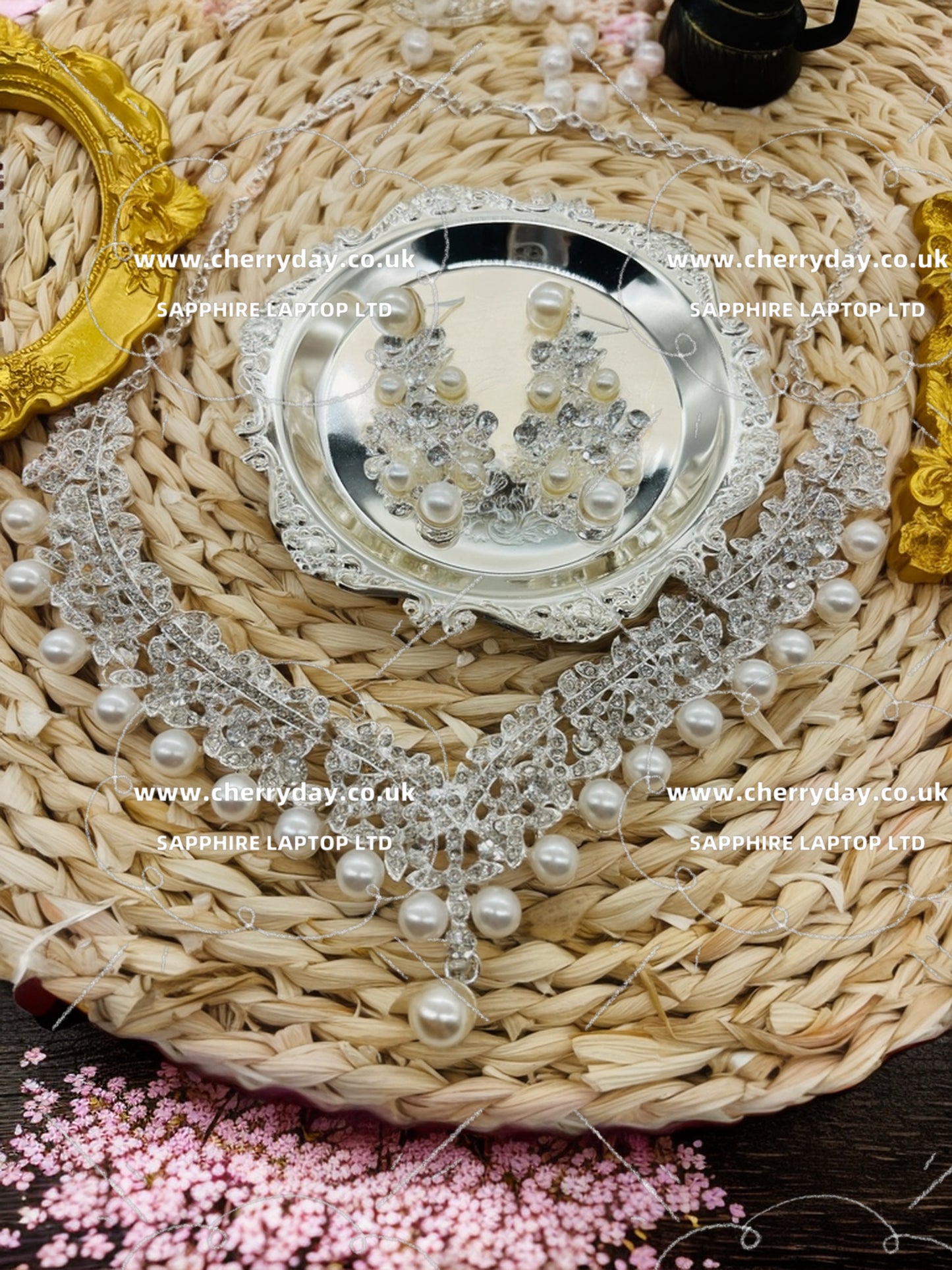 Sea stars pearl-rhinestone necklace&earrings set