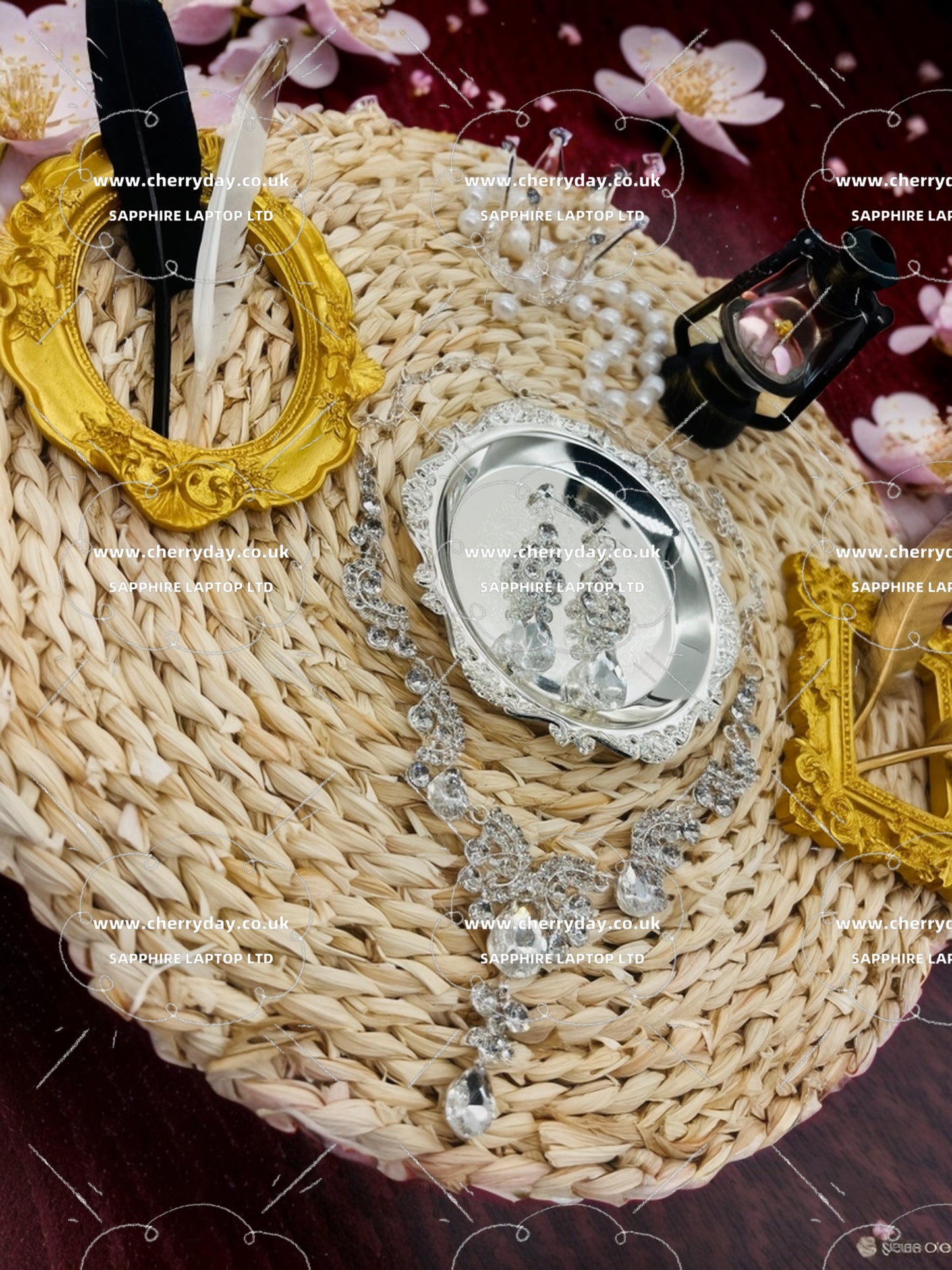 Ribbon rhinestone necklace&earrings set