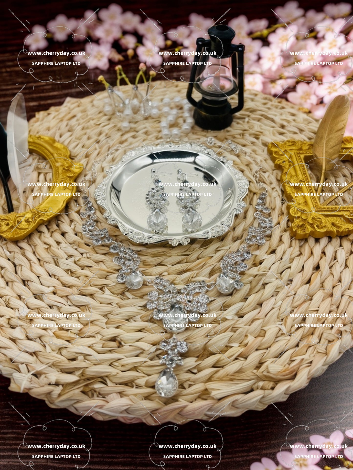 Ribbon rhinestone necklace&earrings set