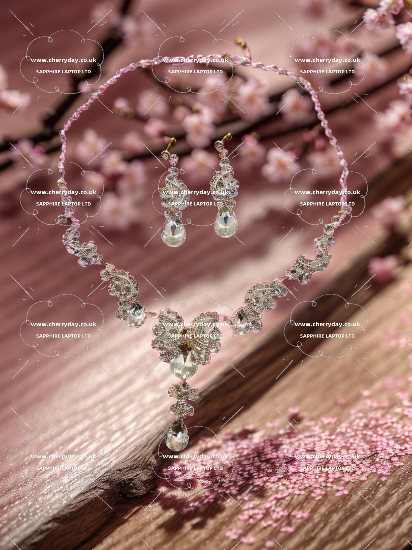 Ribbon rhinestone necklace&earrings set