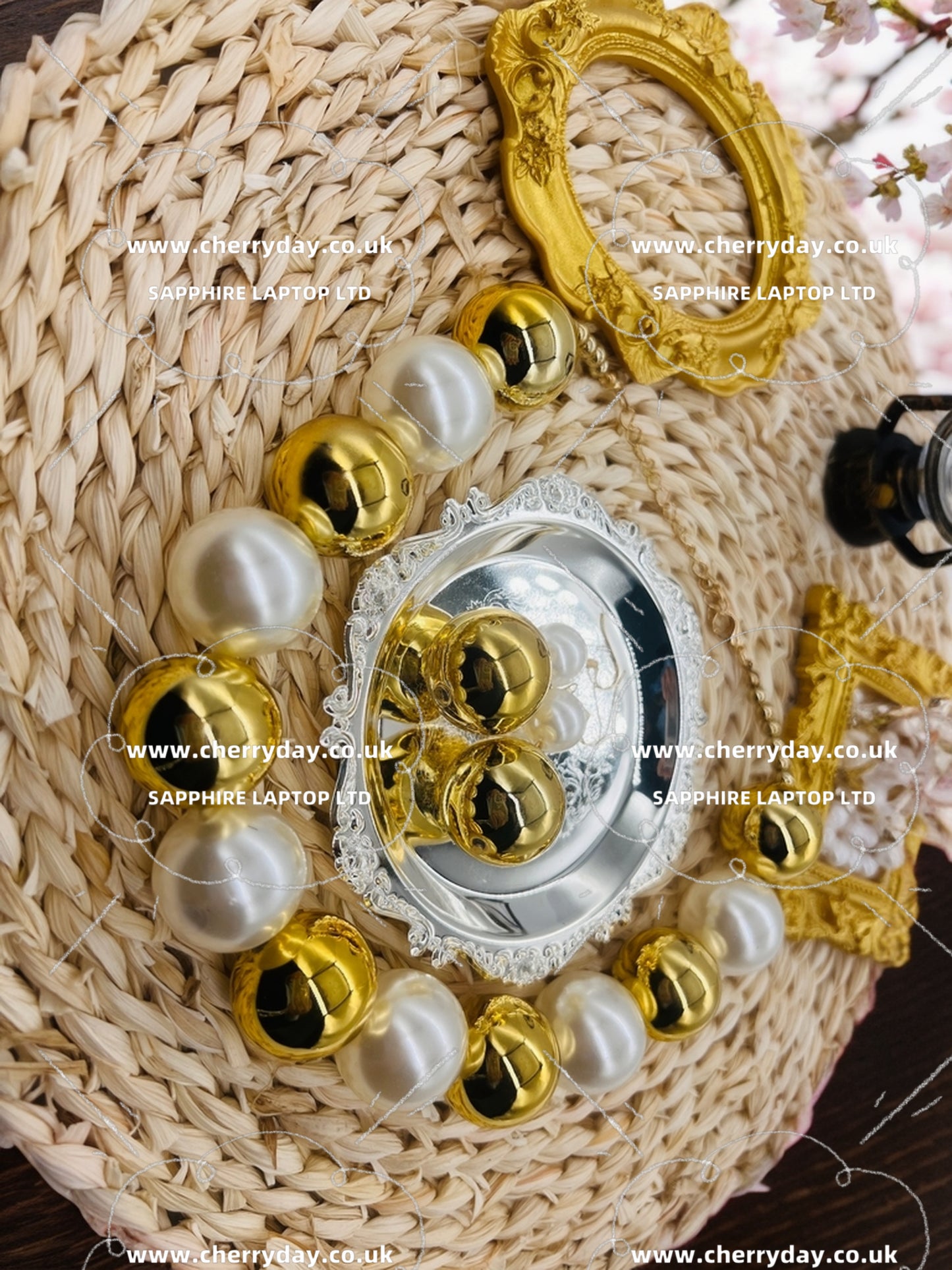 Large gold-pearl beads necklace&earrings set