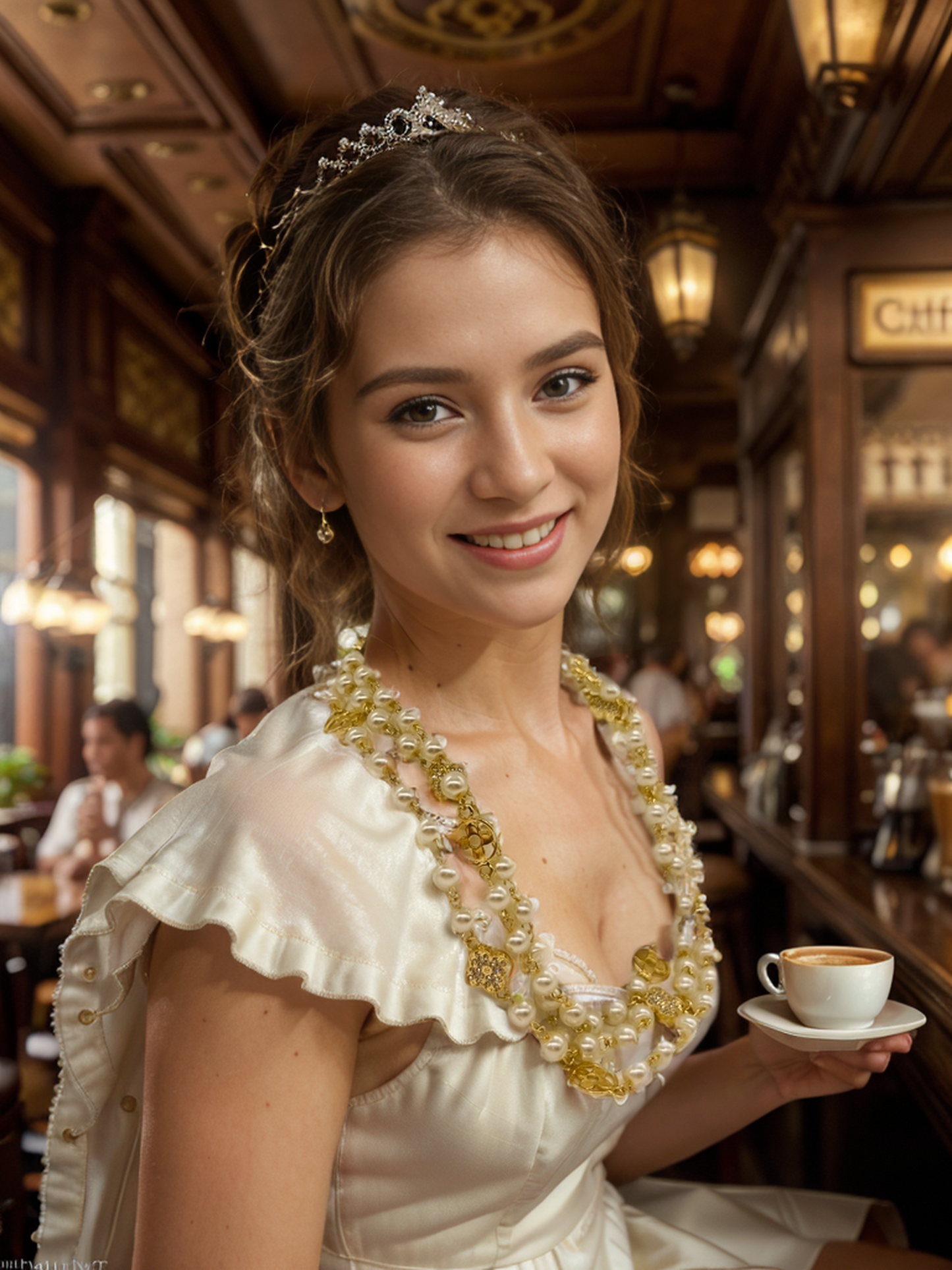Layered necklace with white pearls in clover rings