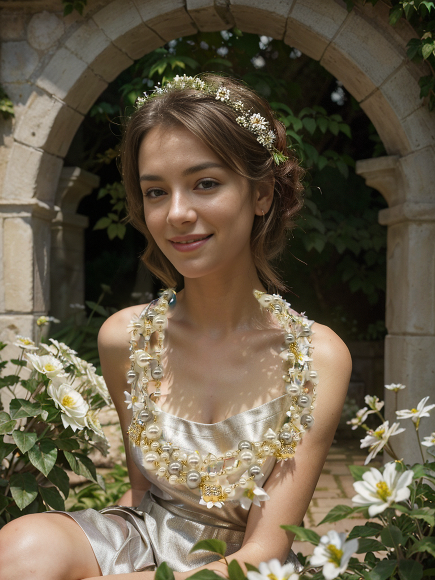 Layered necklace with grey and white pearls in clovers