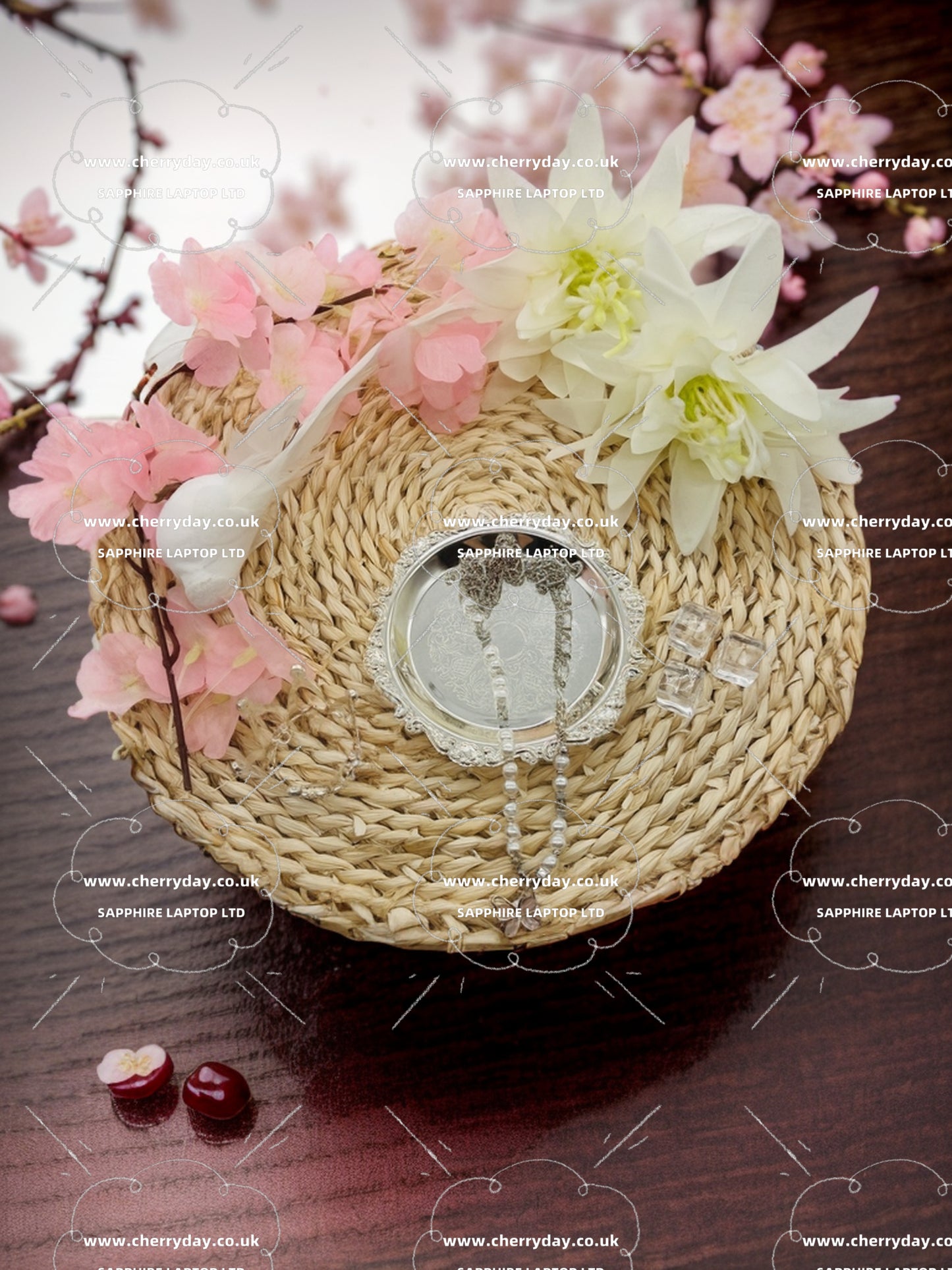 Pearl necklace with small pink butterfly
