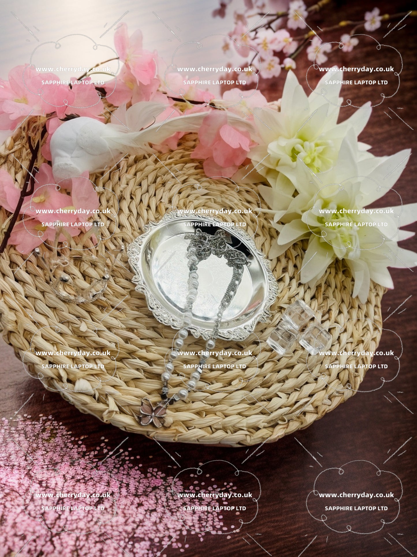 Pearl necklace with small pink butterfly