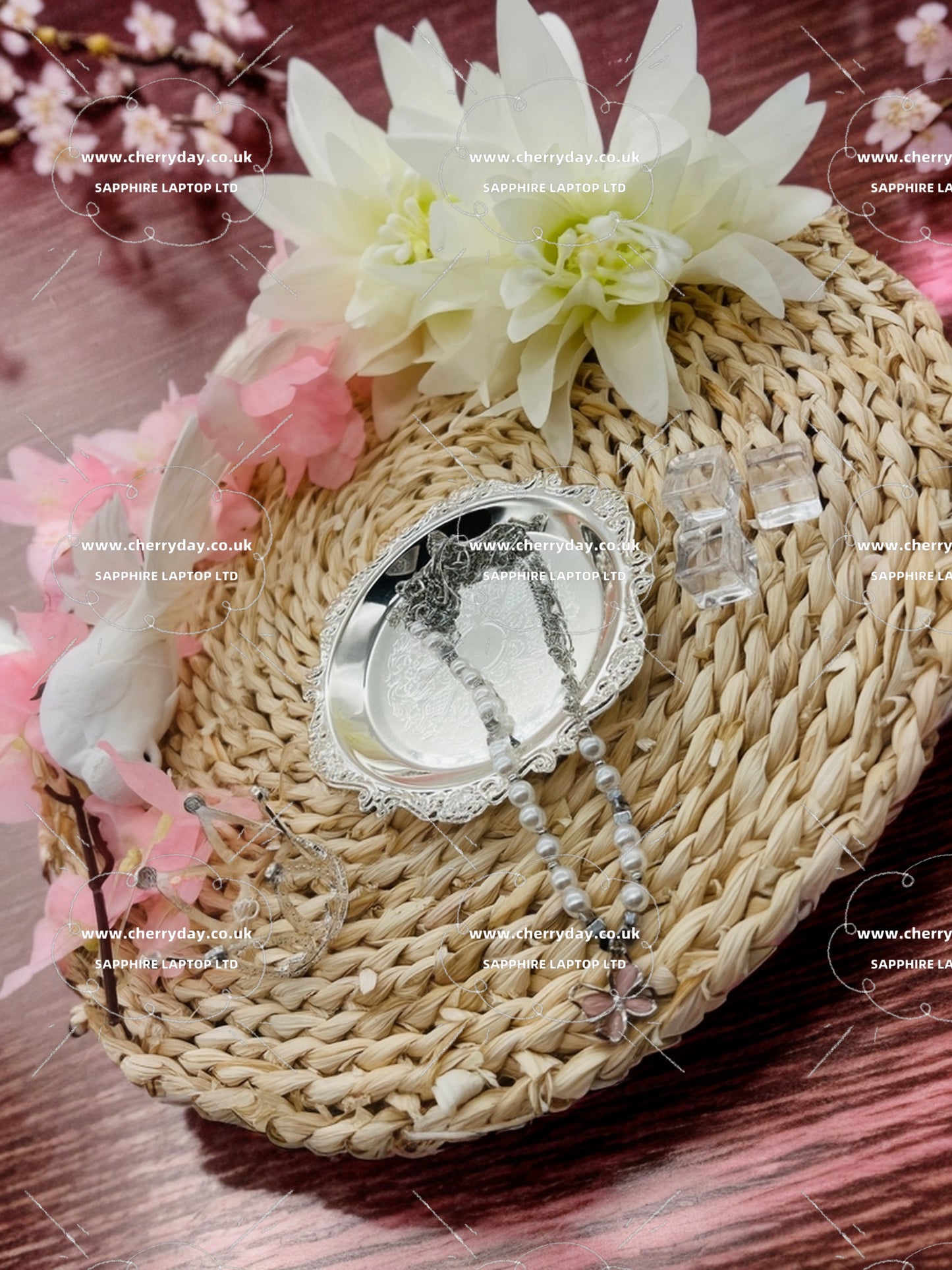 Pearl necklace with small pink butterfly
