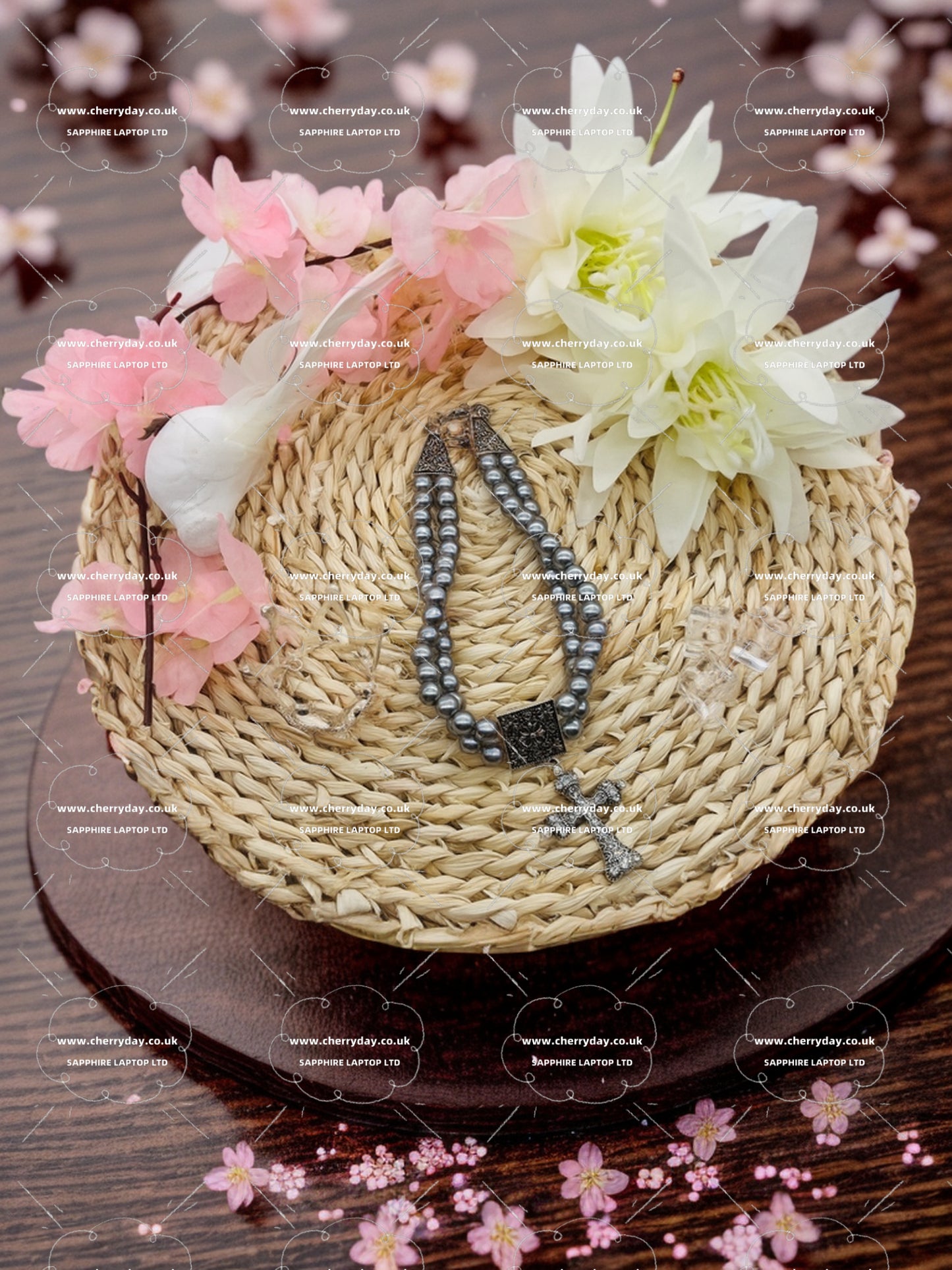 Cross double layer grey pearl necklace