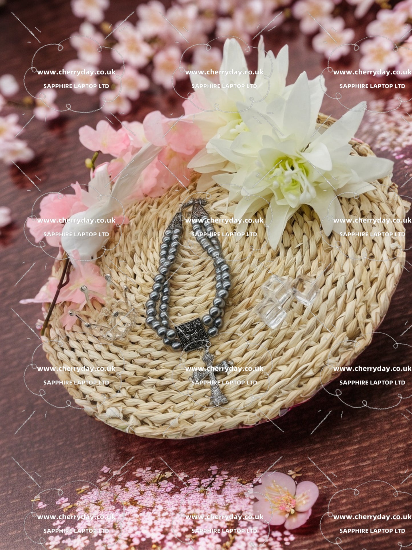 Cross double layer grey pearl necklace