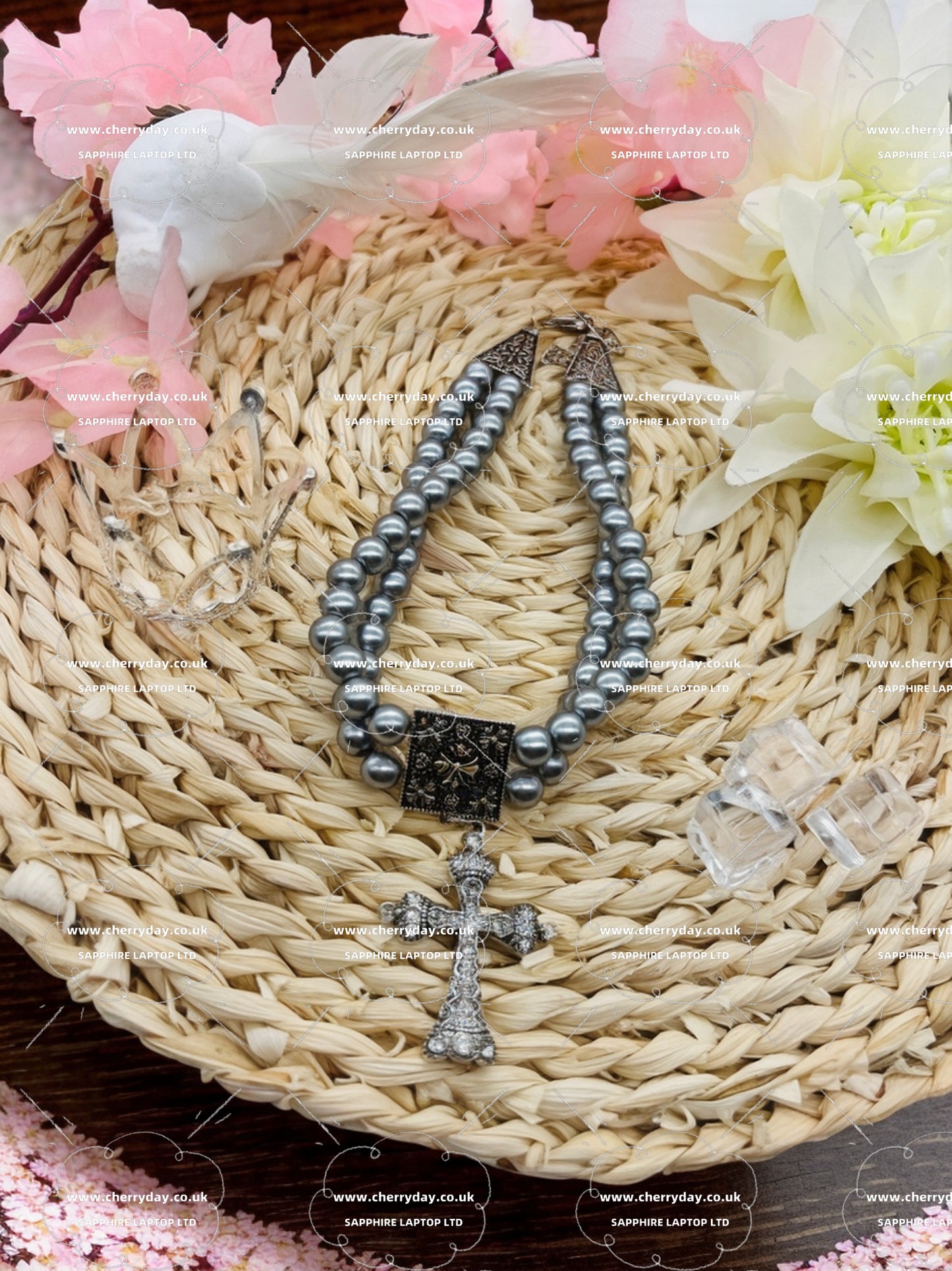 Cross double layer grey pearl necklace