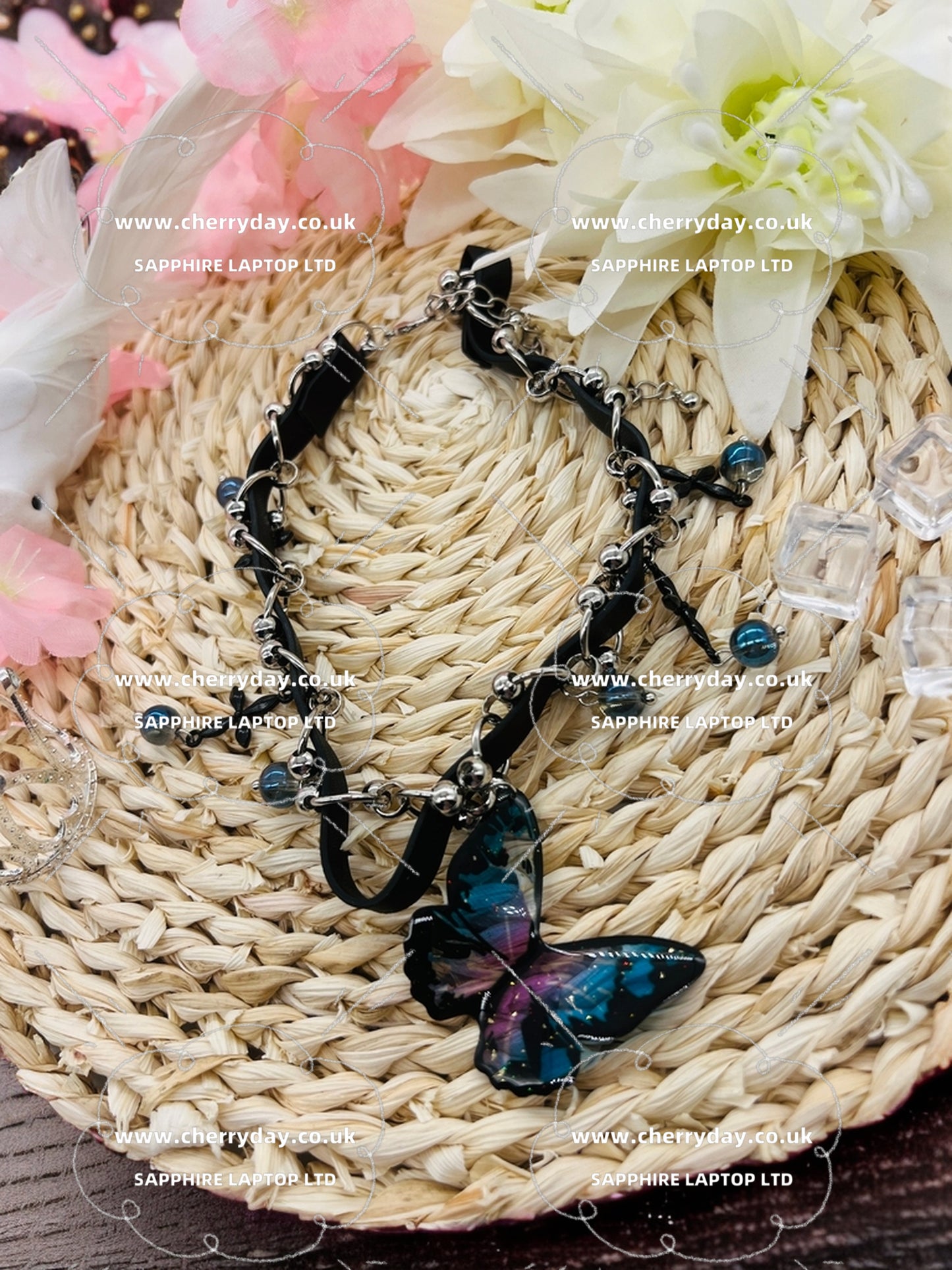 Blue butterfly fringe collar necklace