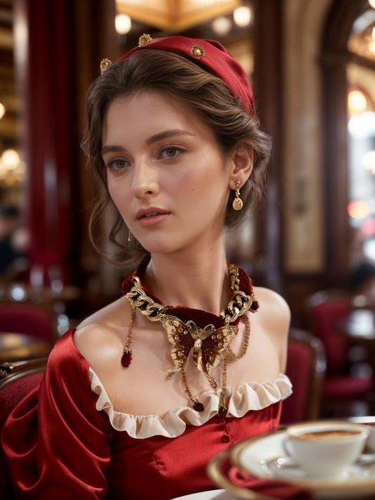 Red butterfly leather fringe necklace