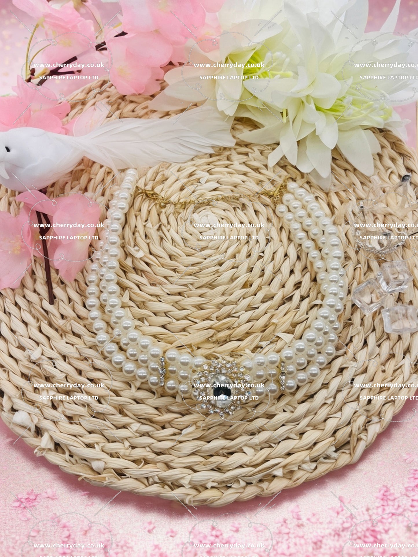 Sunflower rhinestone triple pearl necklace