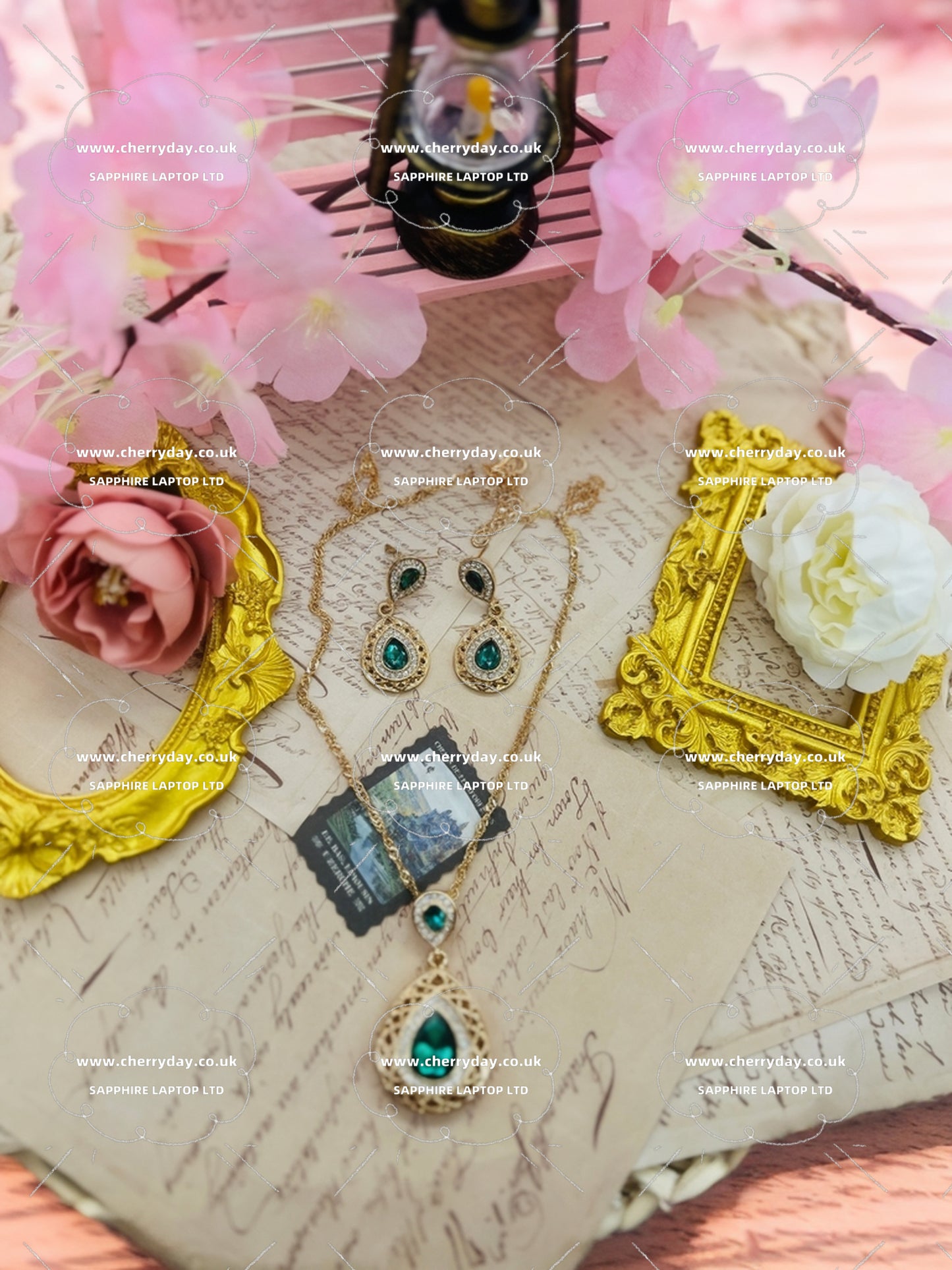 Dewdrop gem earrings&necklace