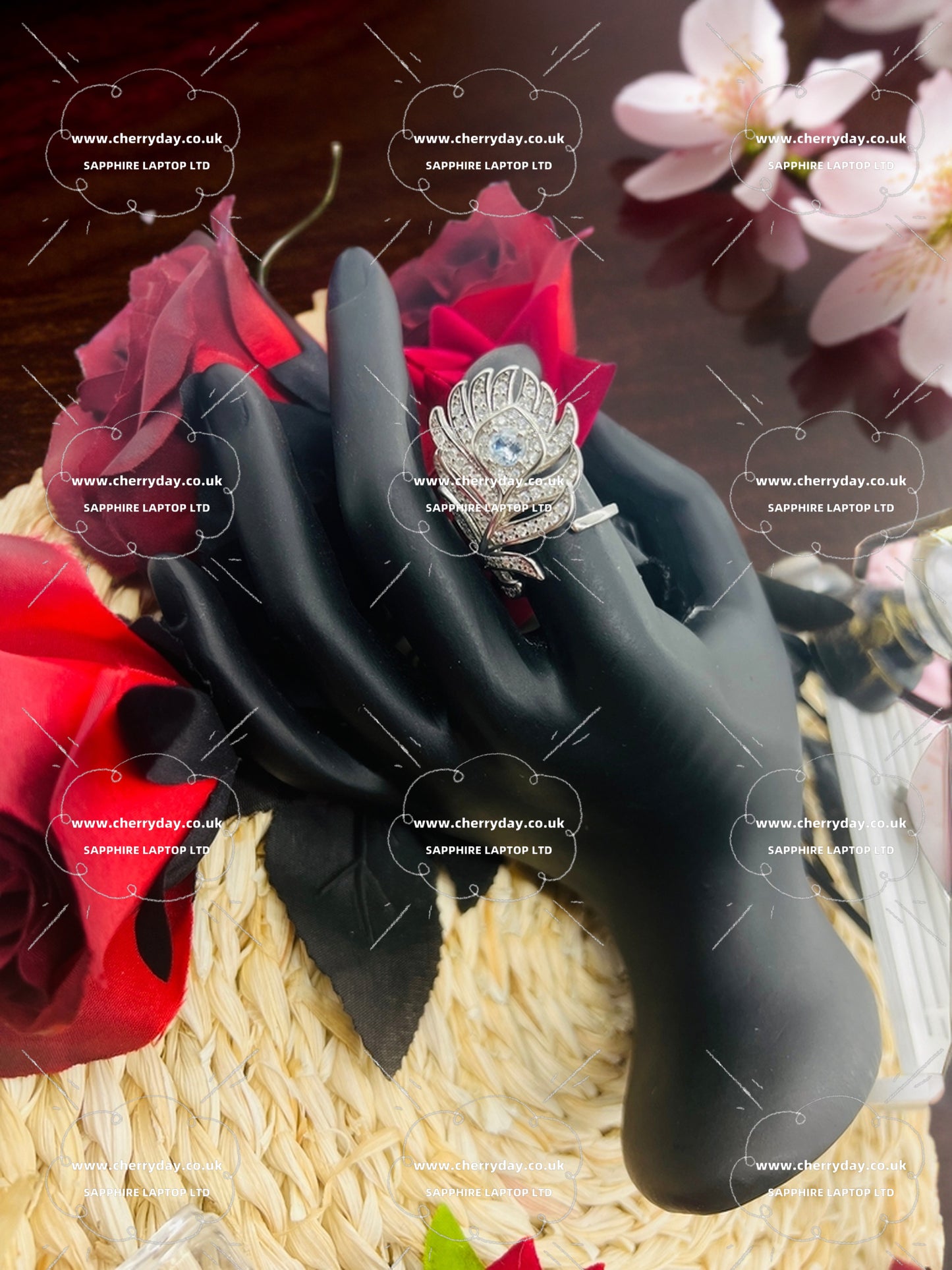 Silver diamond feather ring