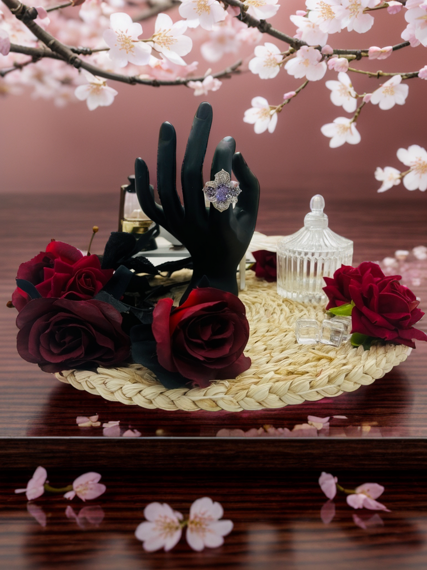 Purple four-petal flower diamond ring