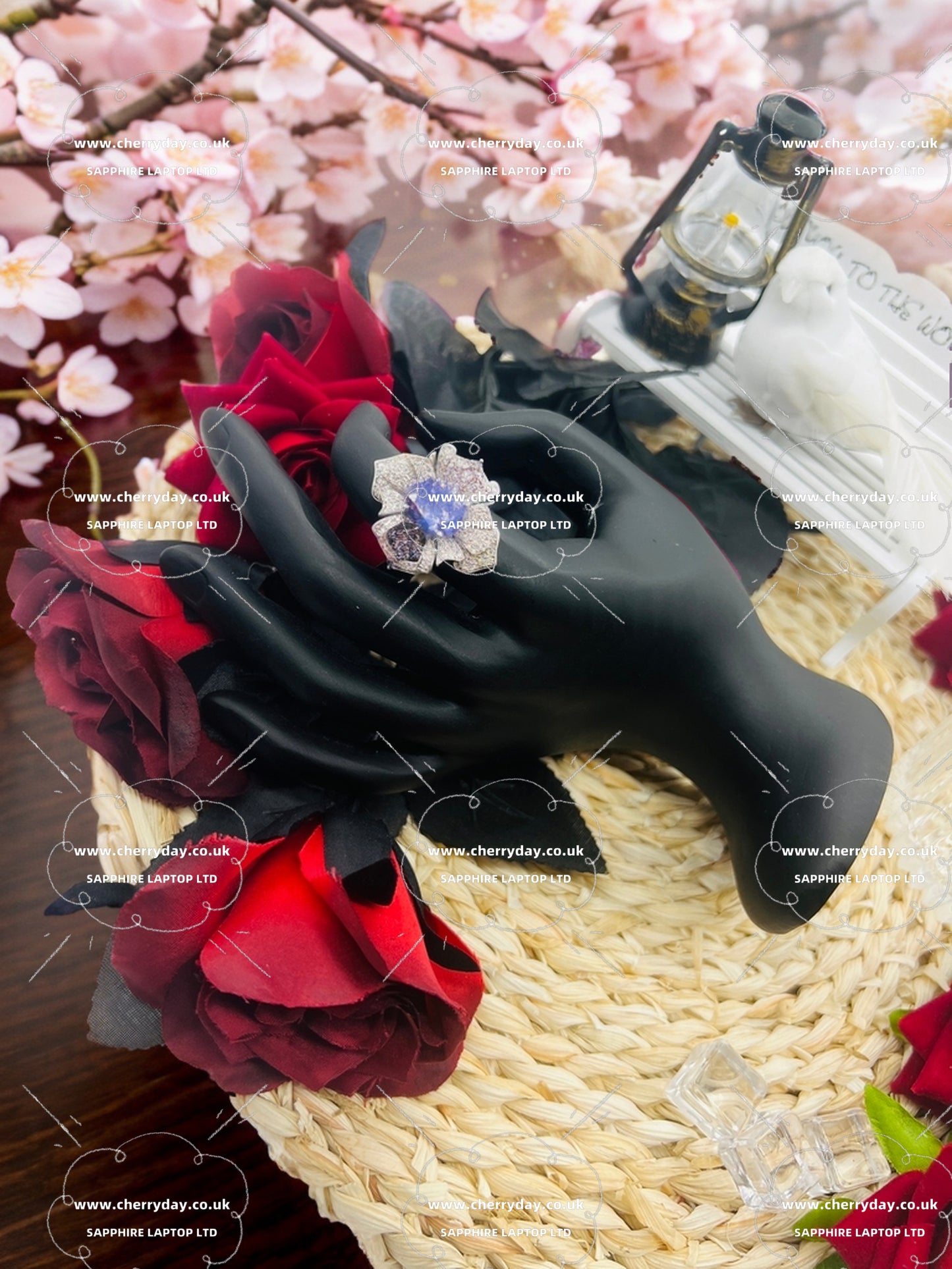Purple four-petal flower diamond ring