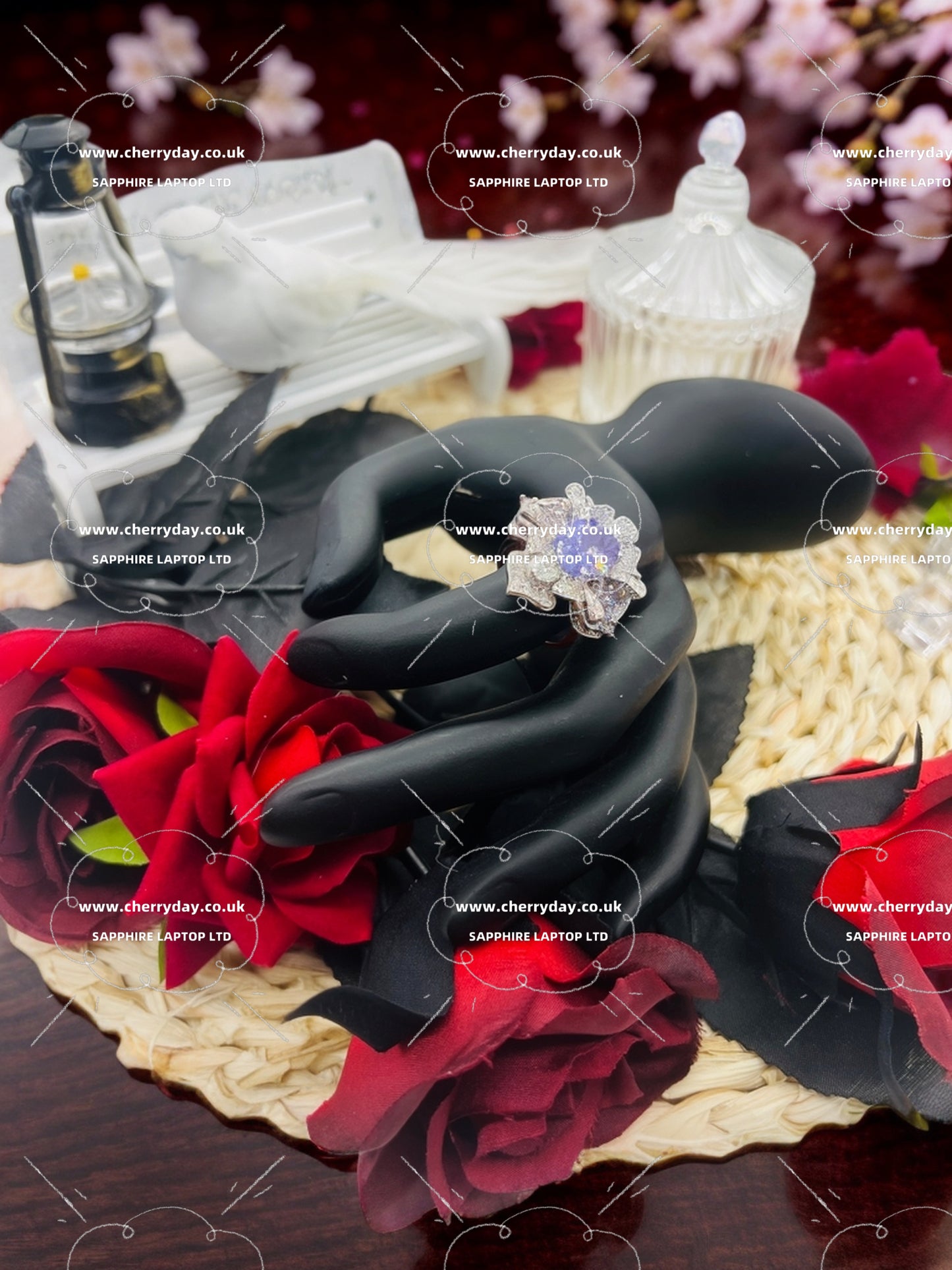 Purple four-petal flower diamond ring