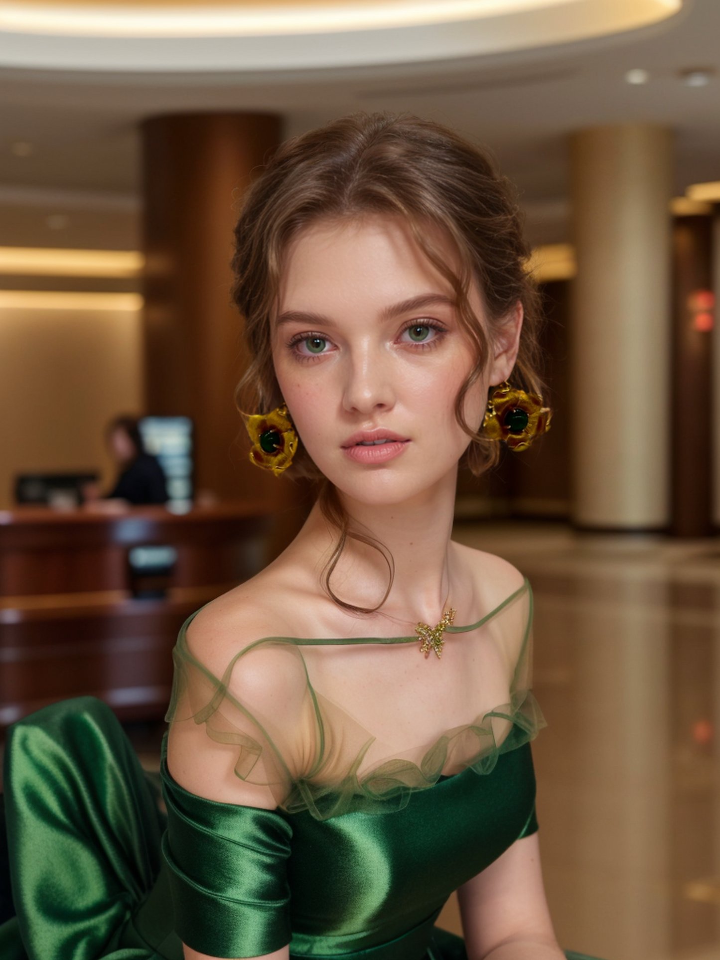 Emerald five-petal flower vintage earrings