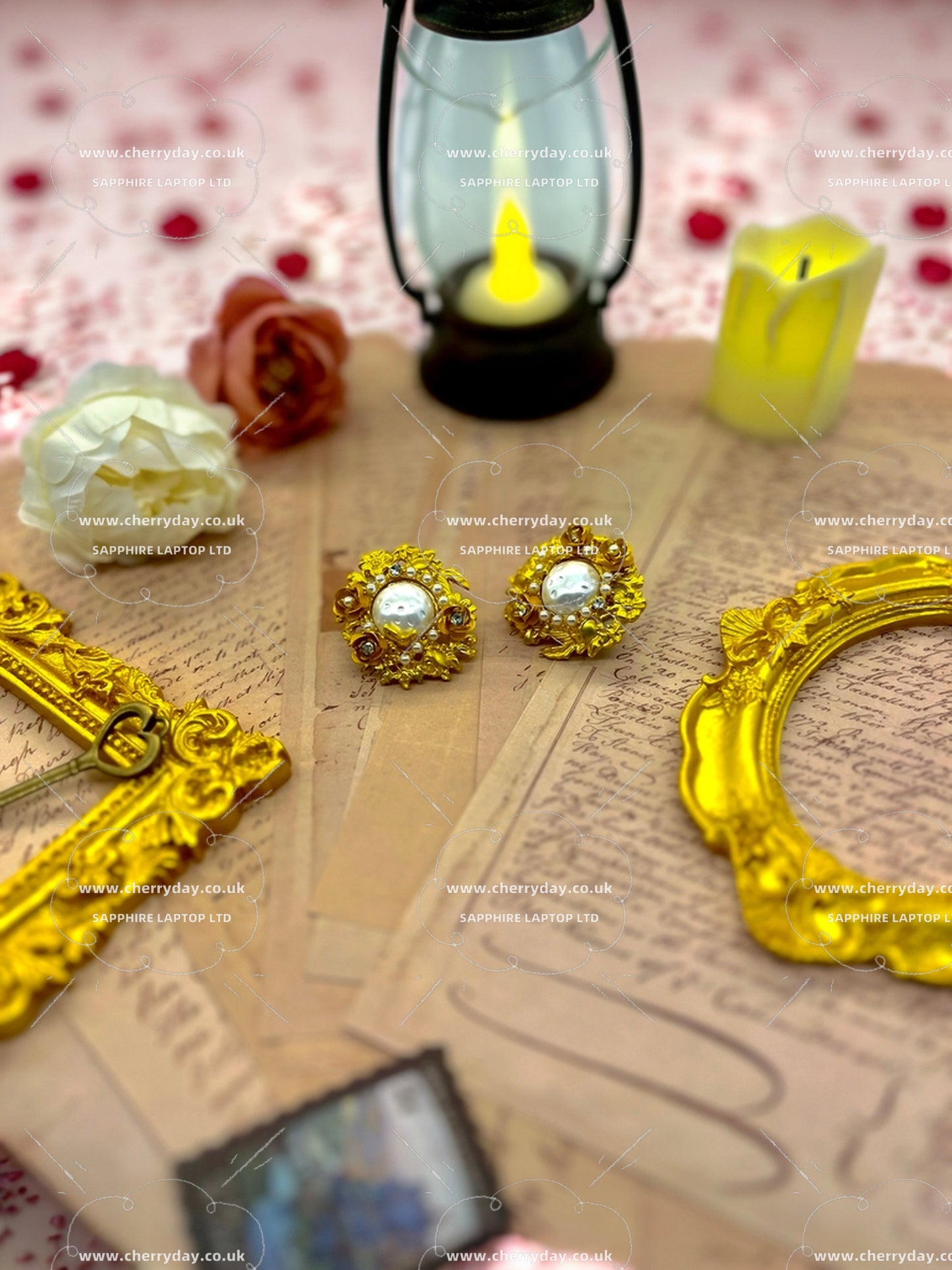 Gold sunflower with pearl inlaid vintage earrings