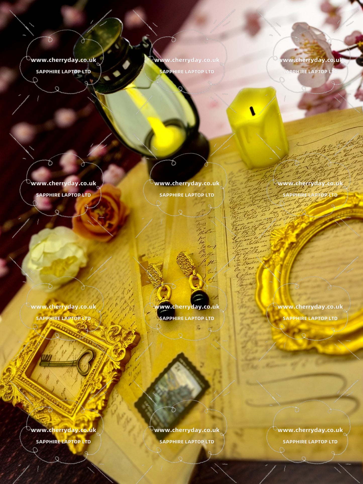 Black ink with gold vintage earrings