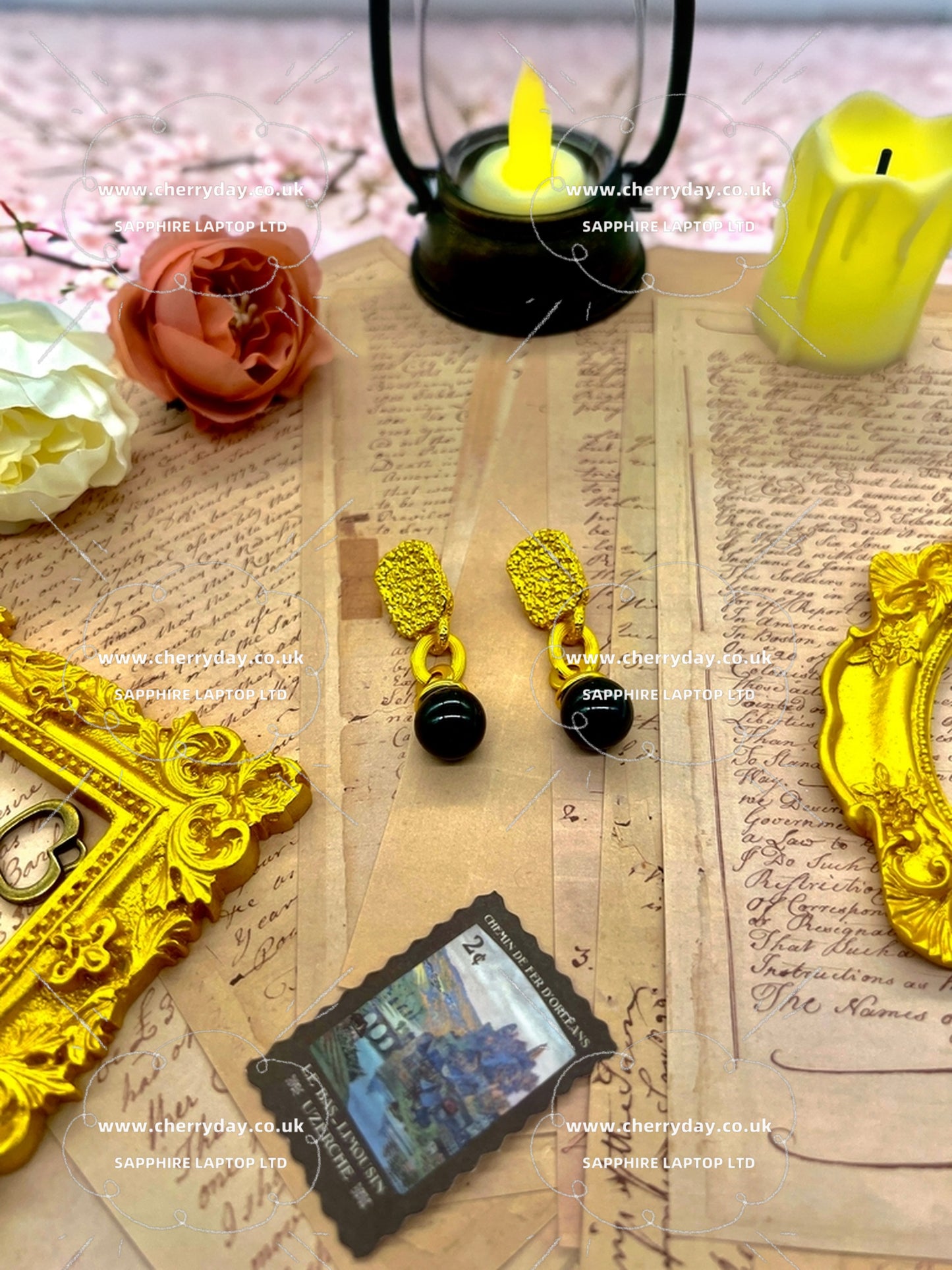 Black ink with gold vintage earrings
