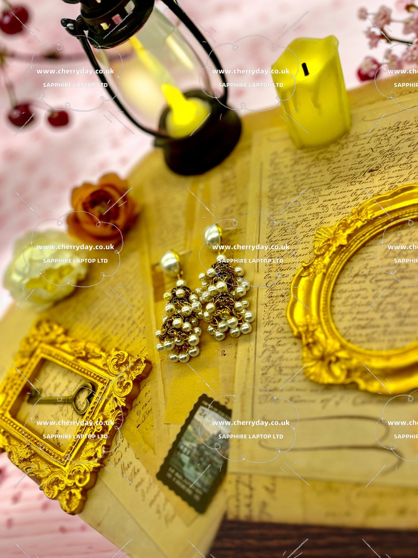 Pearl inlaid birdcage tassel gold vintage earrings