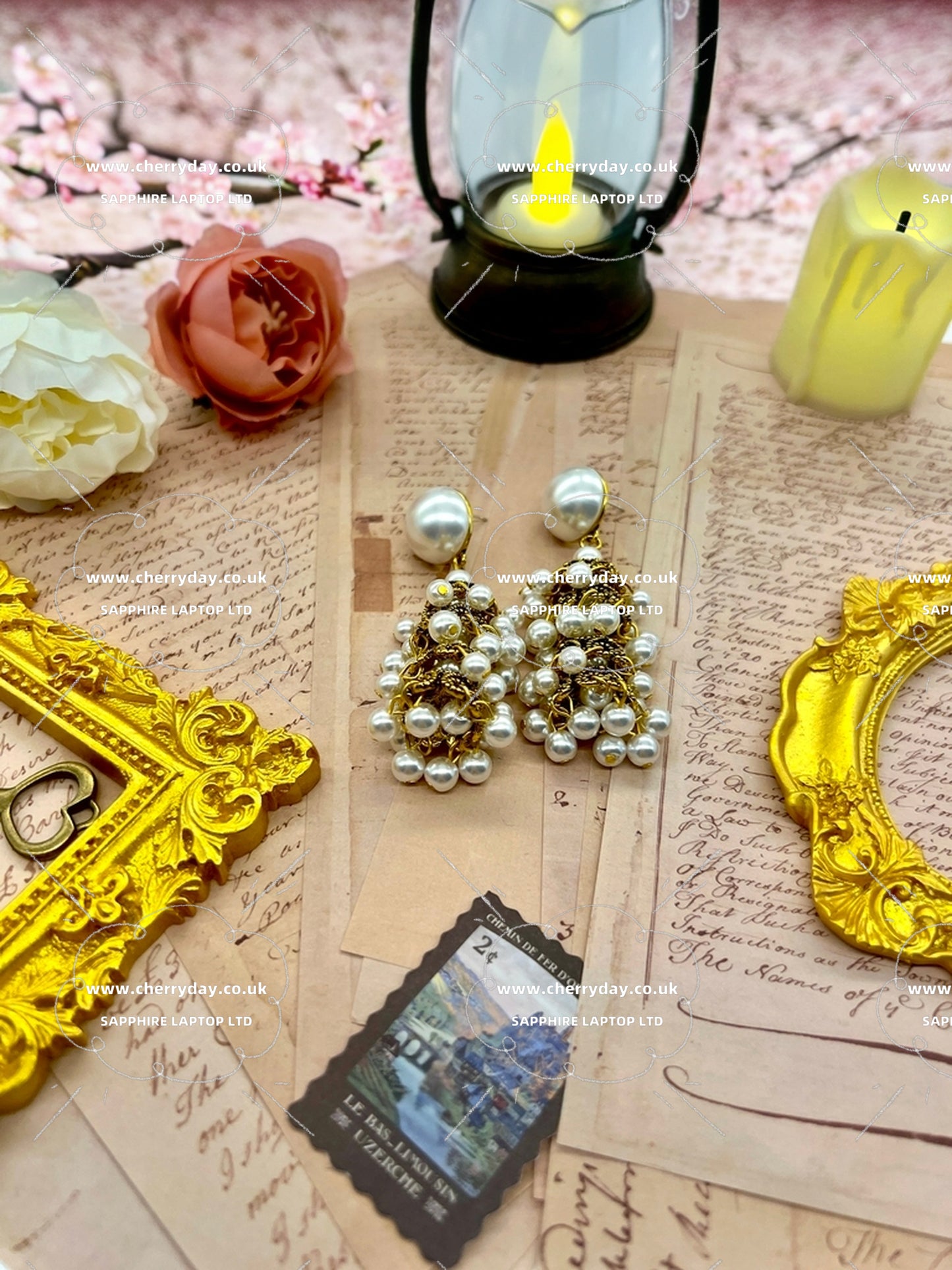 Pearl inlaid birdcage tassel gold vintage earrings