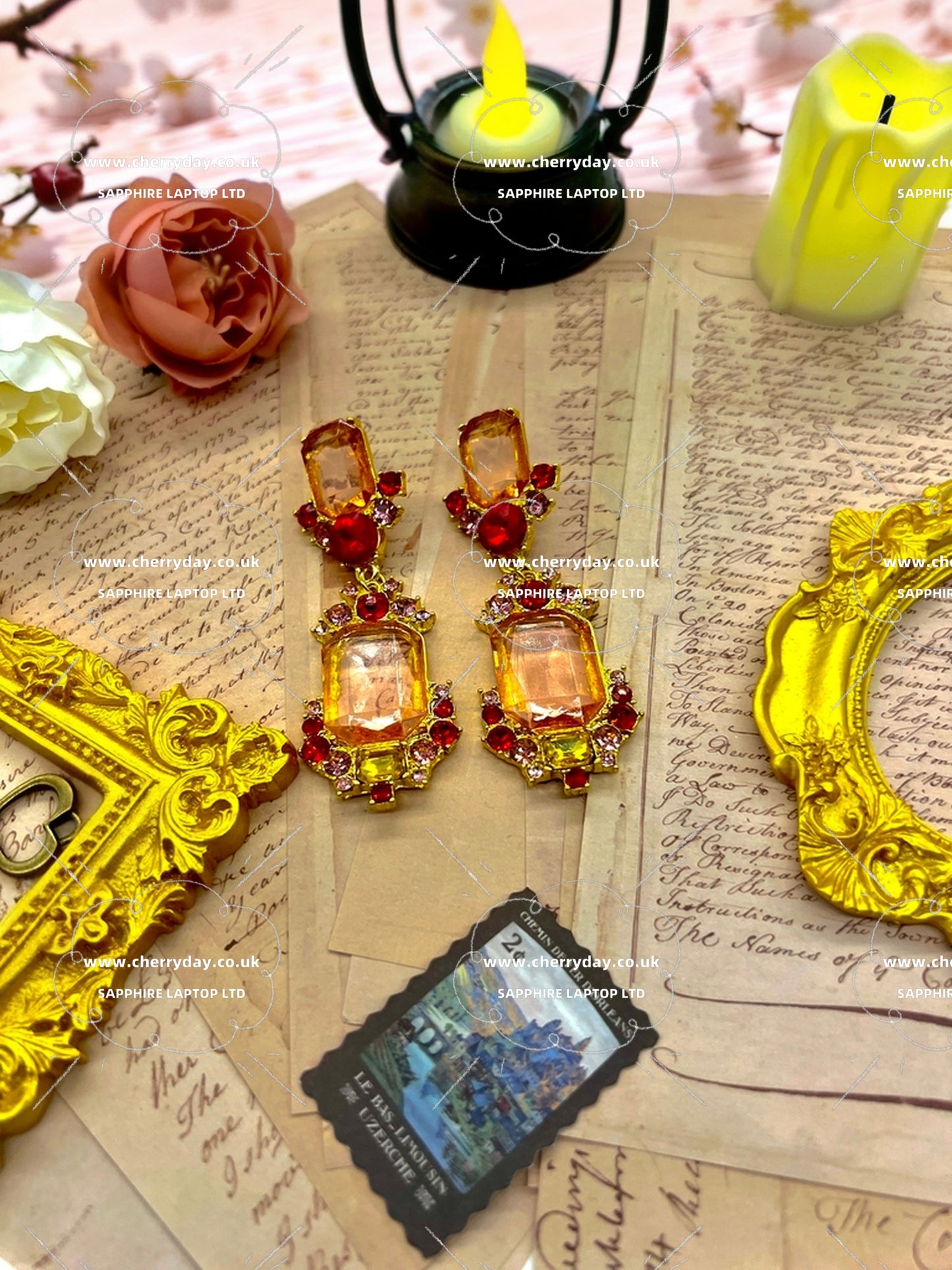 Orange glazed pendant vintage earrings