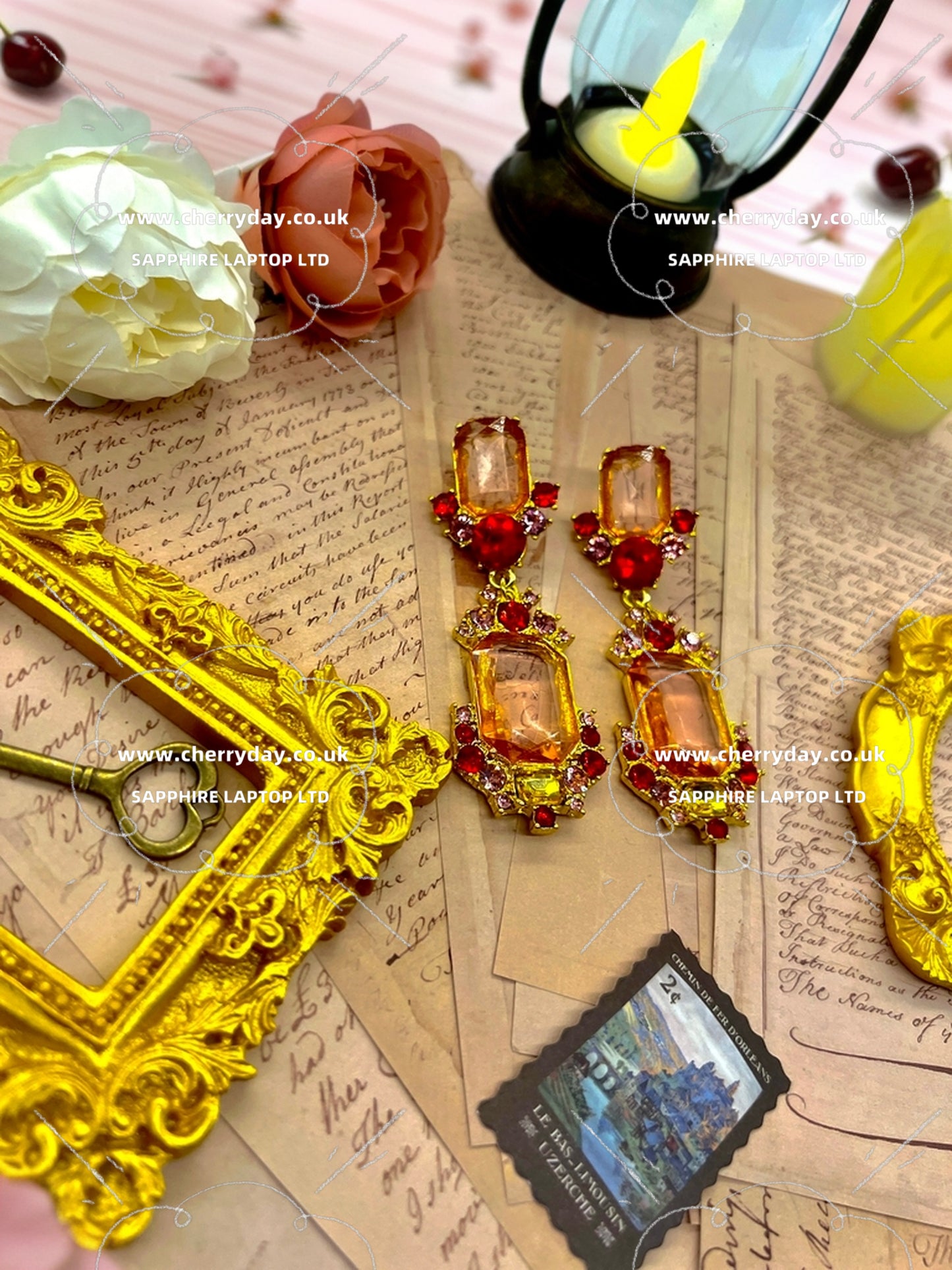 Orange glazed pendant vintage earrings