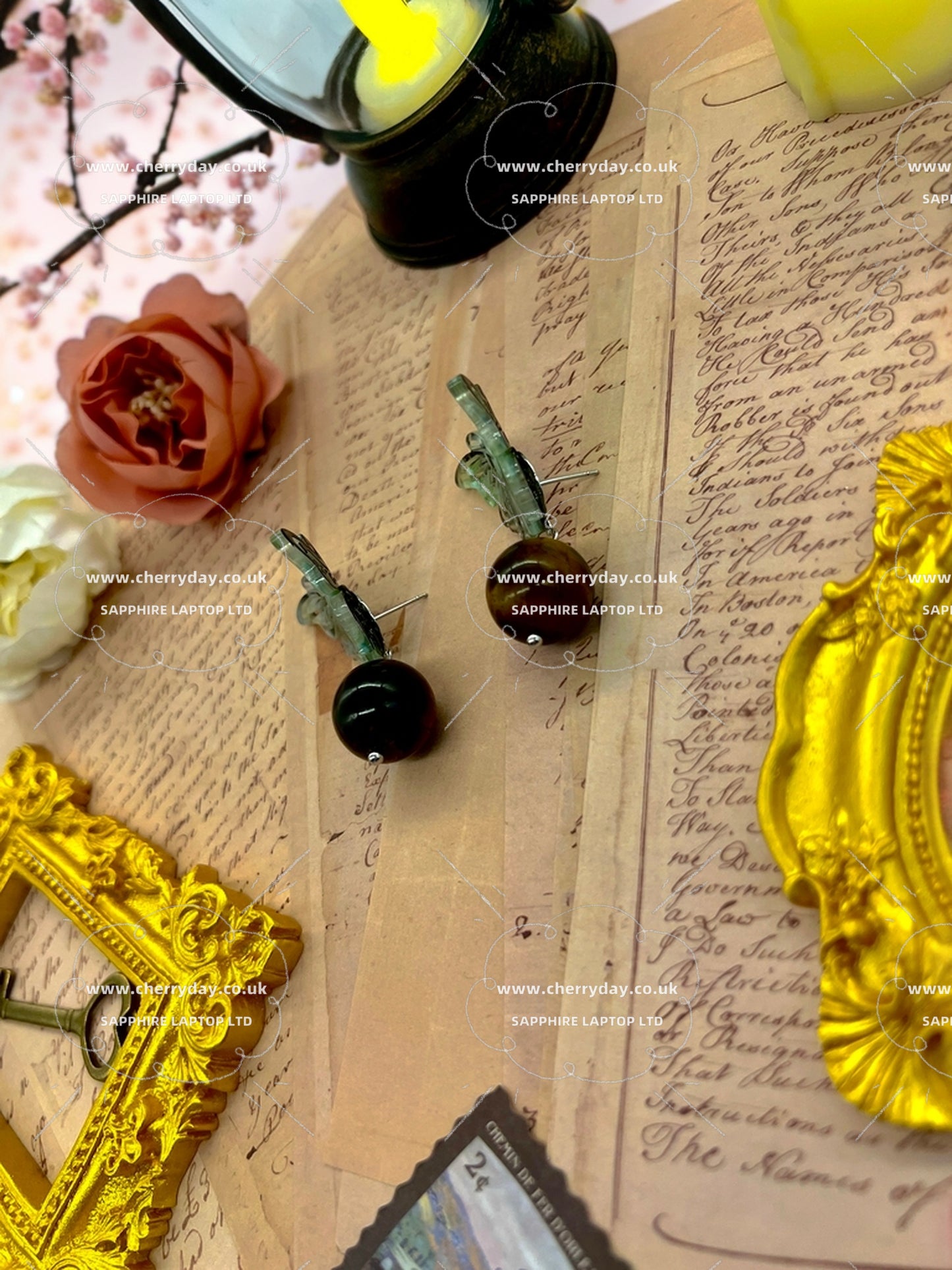 Butterfly pendant vintage earrings with black wooden ball