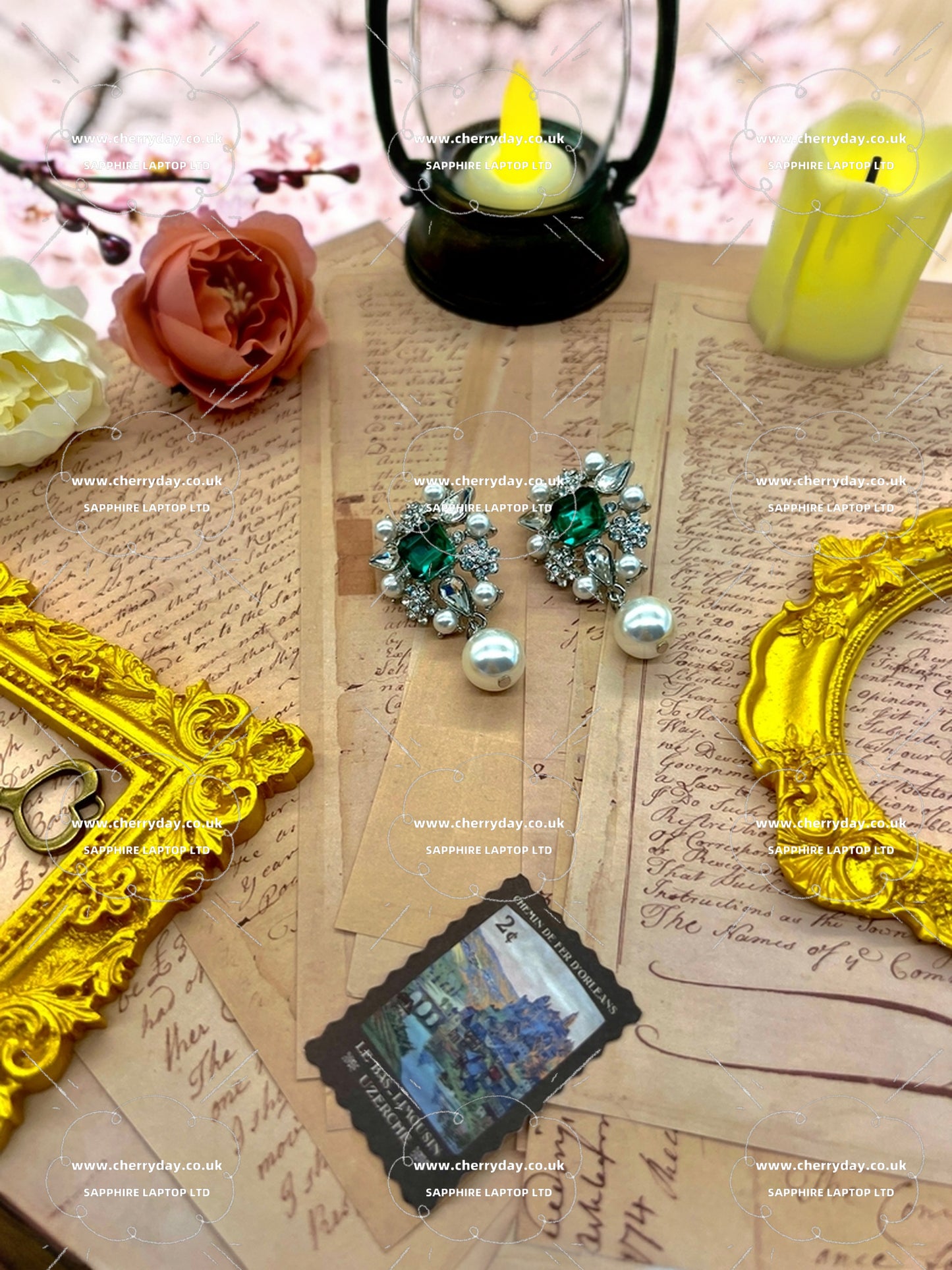 Green diamond inlaid pearl wreath vintage earrings