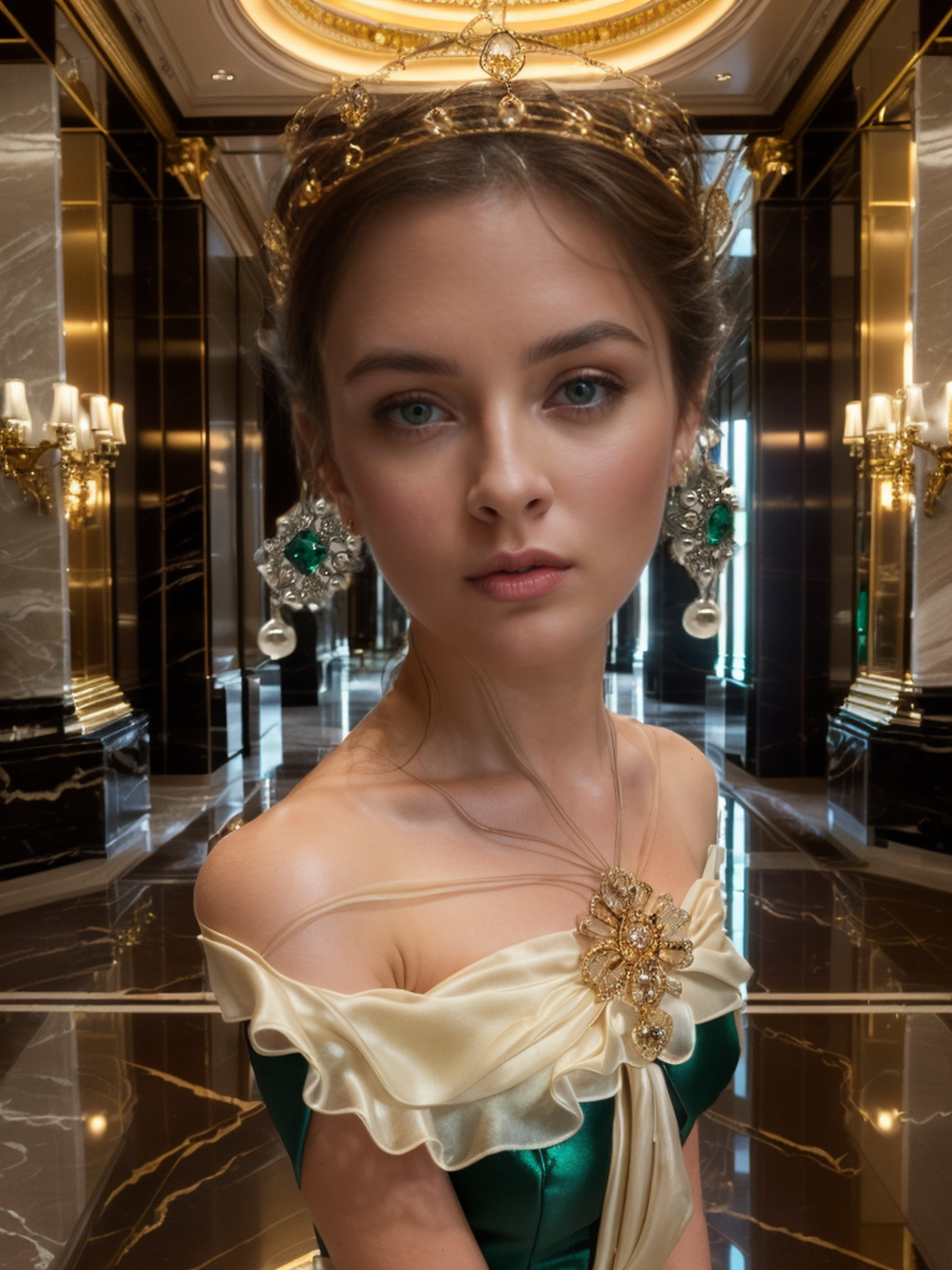 Green diamond inlaid pearl wreath vintage earrings