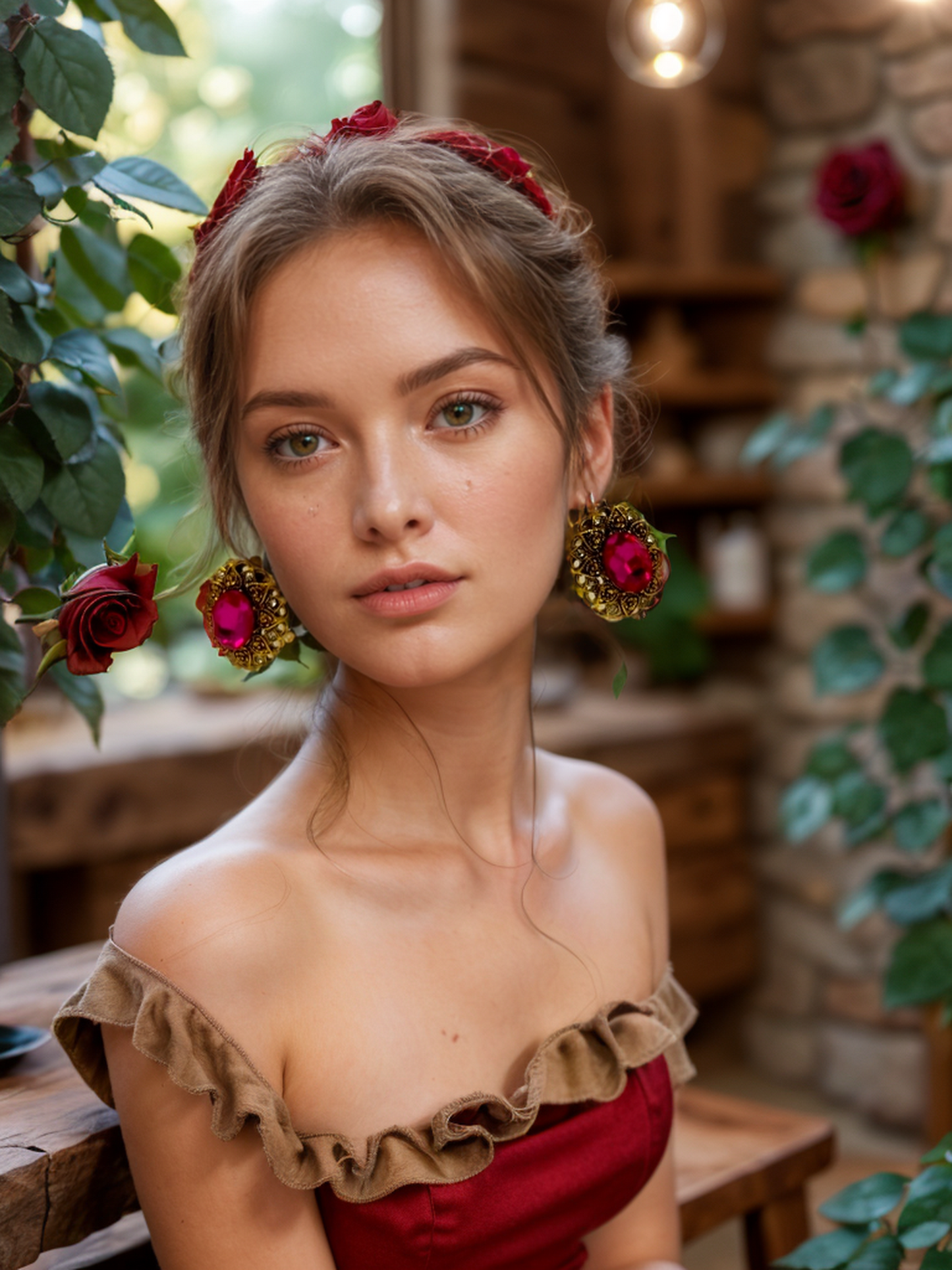 Peach diamond inlaid bronze wreath vintage earrings
