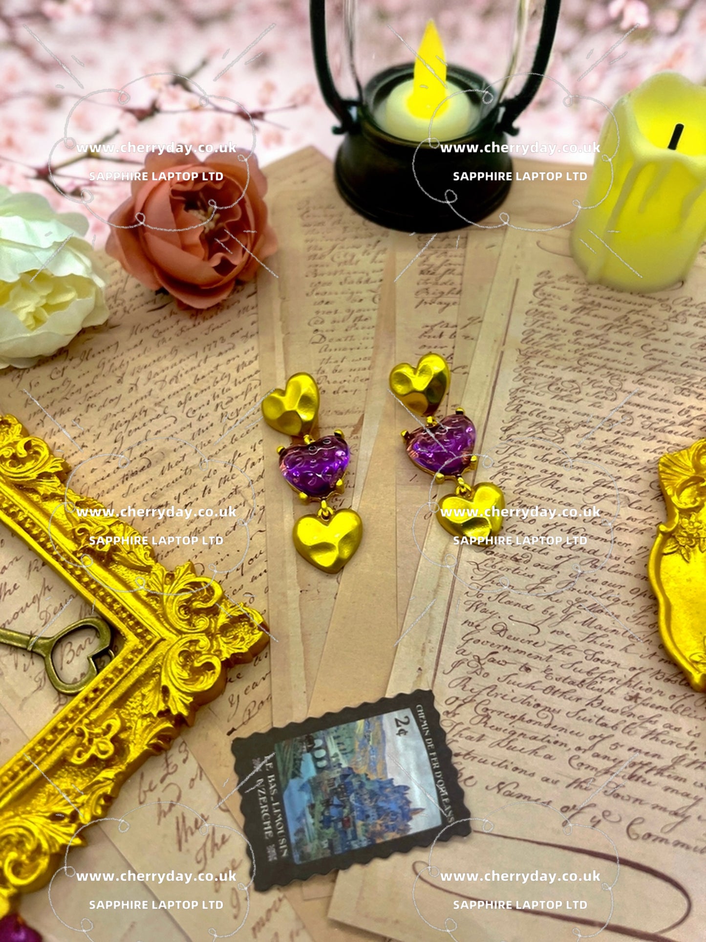 Purple heart gemstone vintage earrings