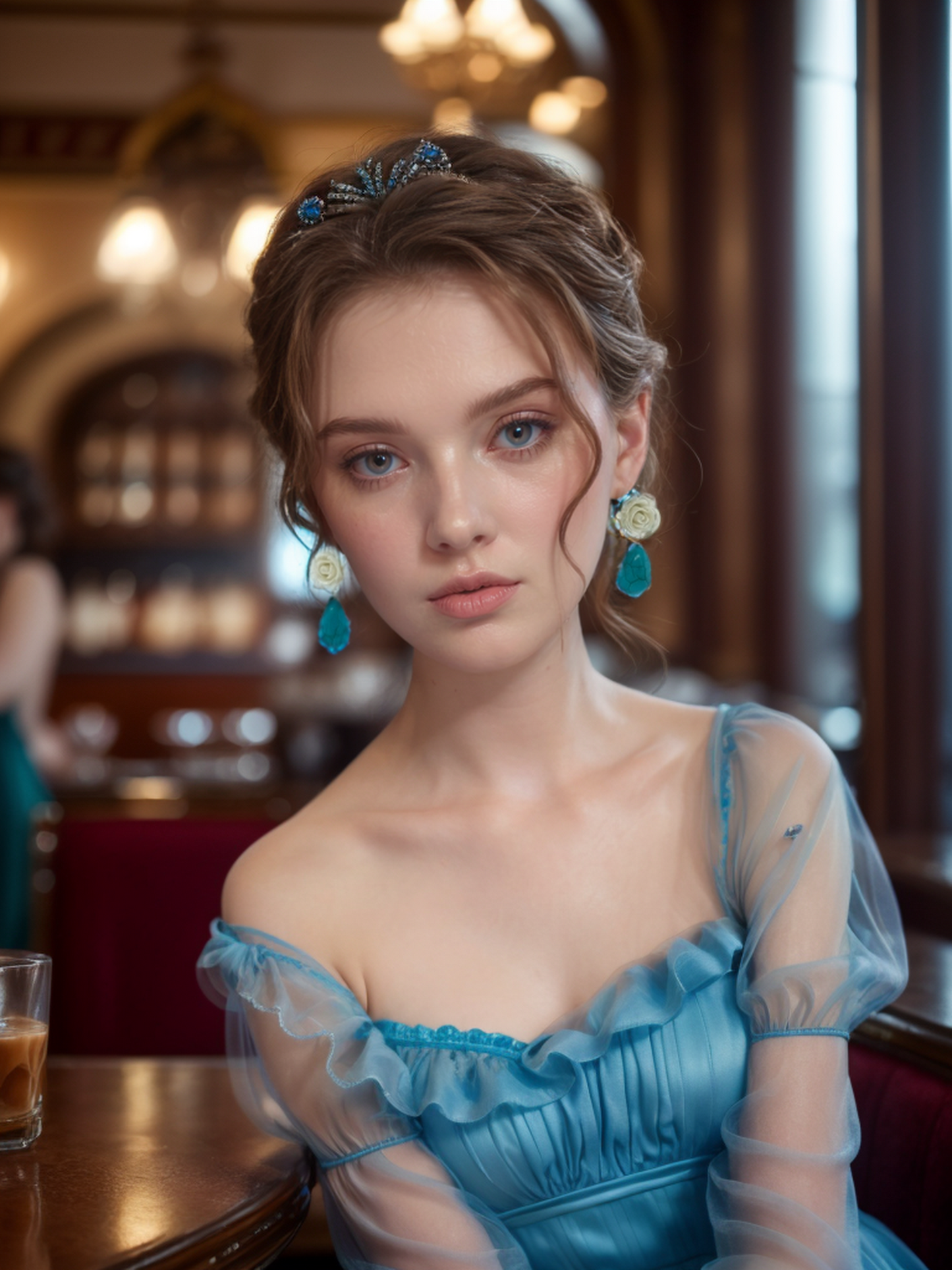 Lake blue cloud pattern camellia earrings