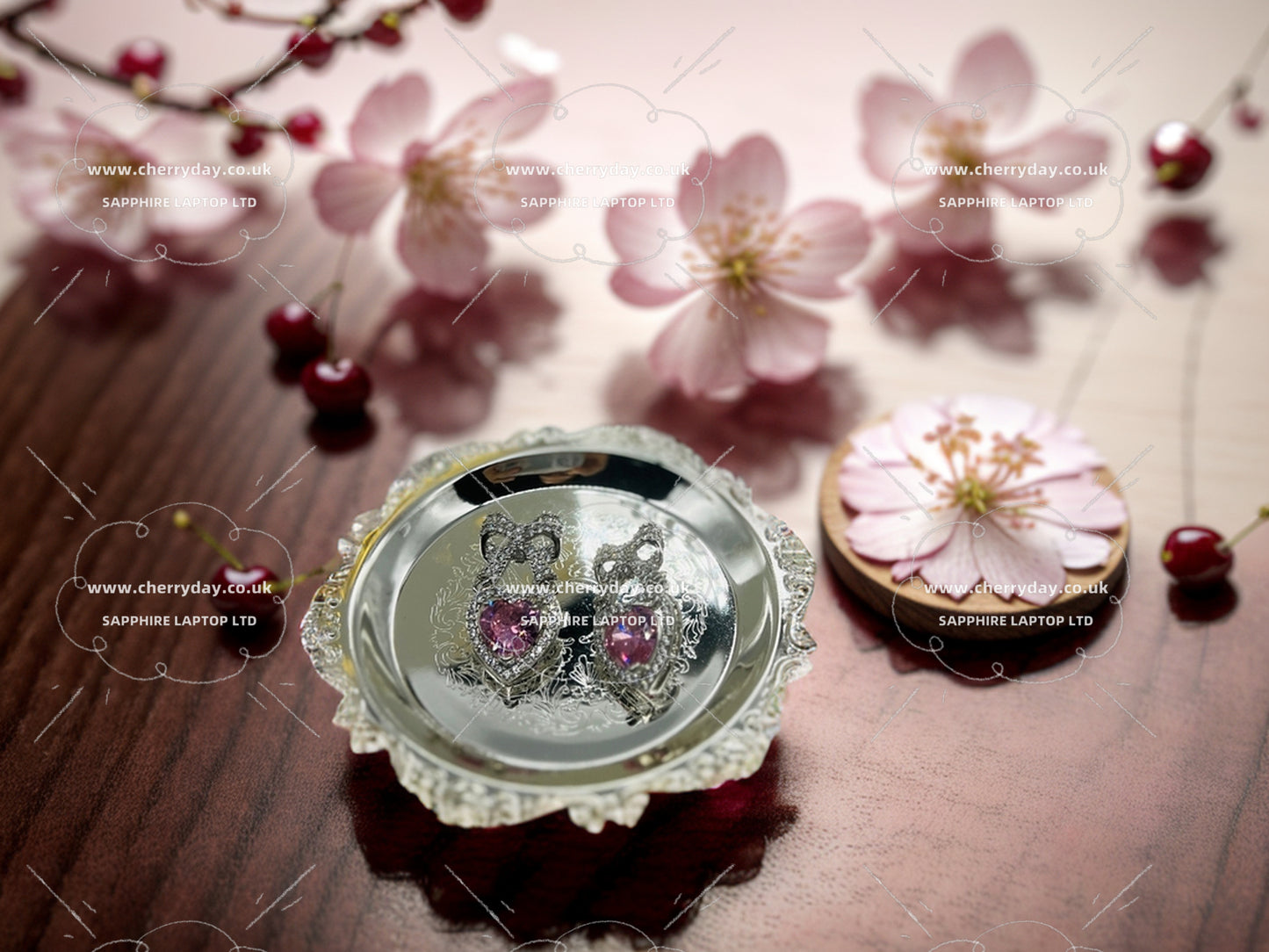 Silver bowknot barbie girl heart-shaped pink diamond earrings