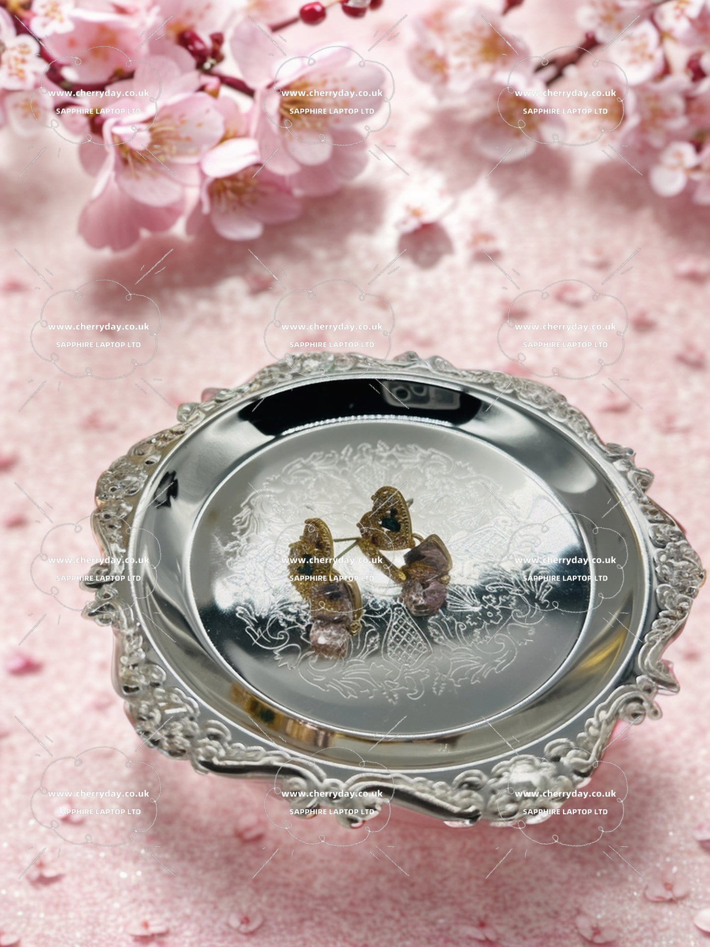 Green inlaid gold heart pink diamond earrings