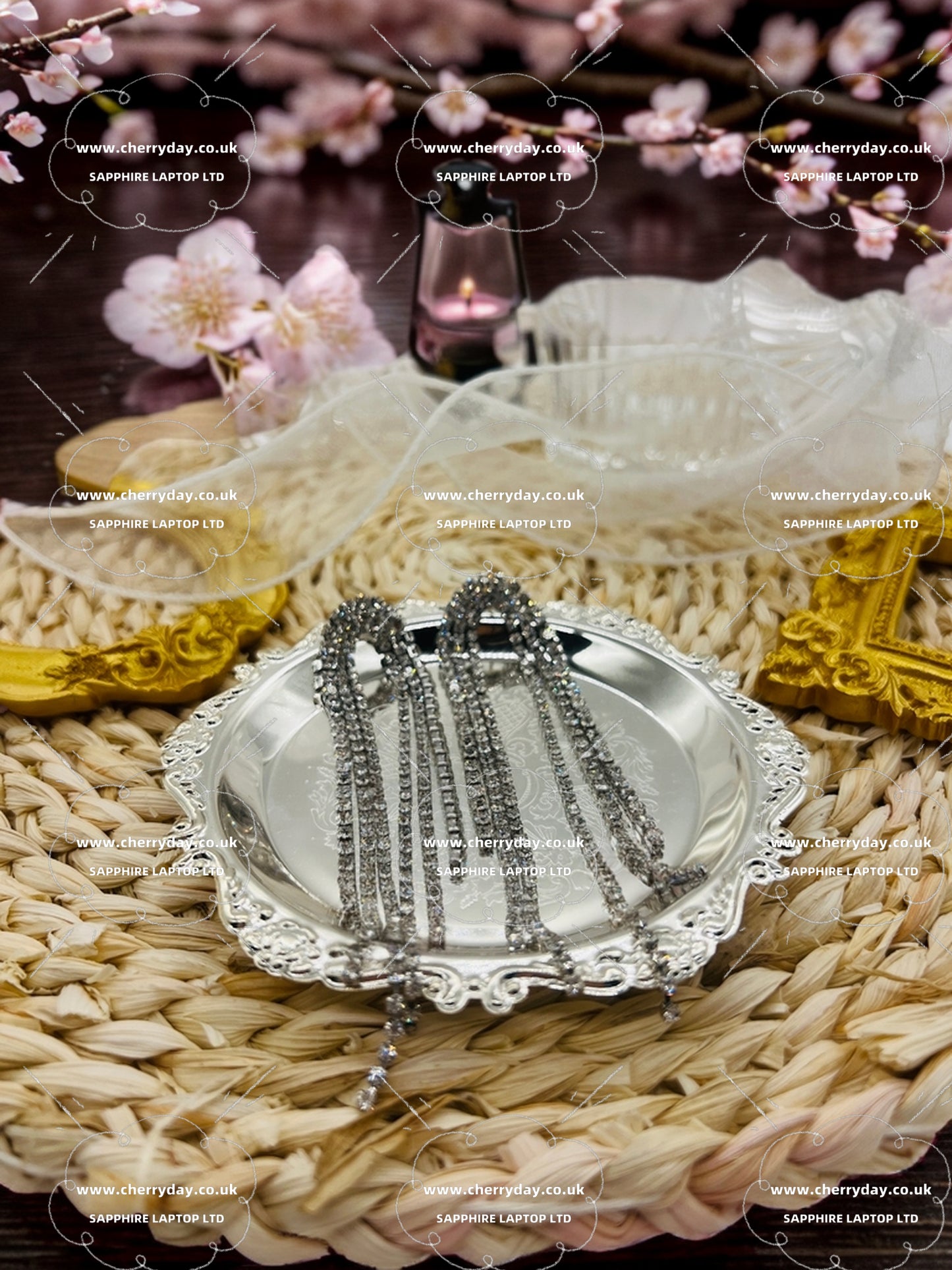 Silver diamond long tassel earrings