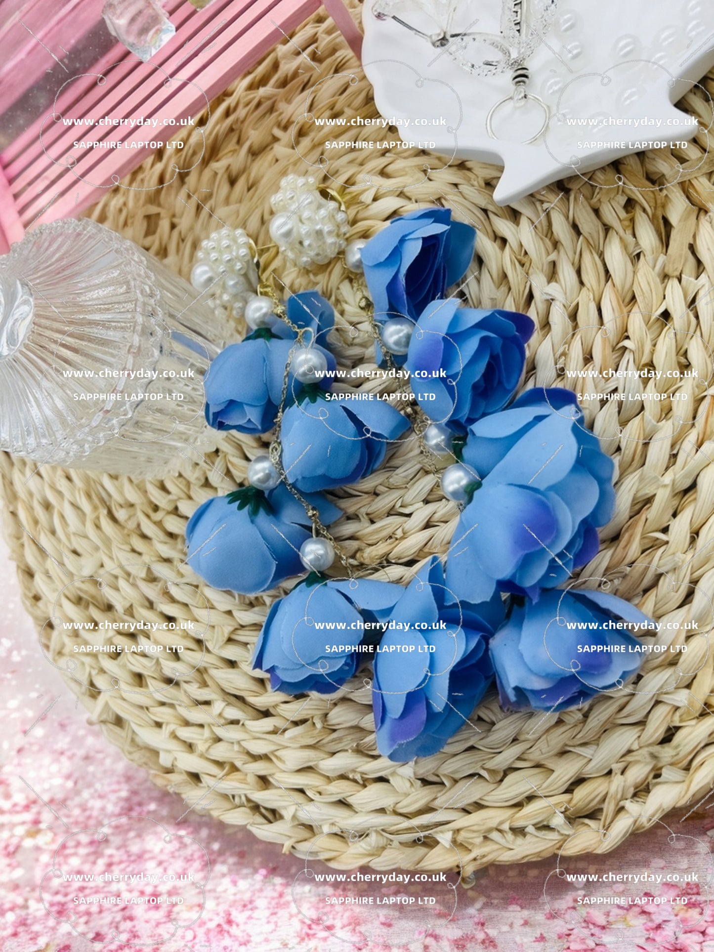 Iced blue roses tassel earrings