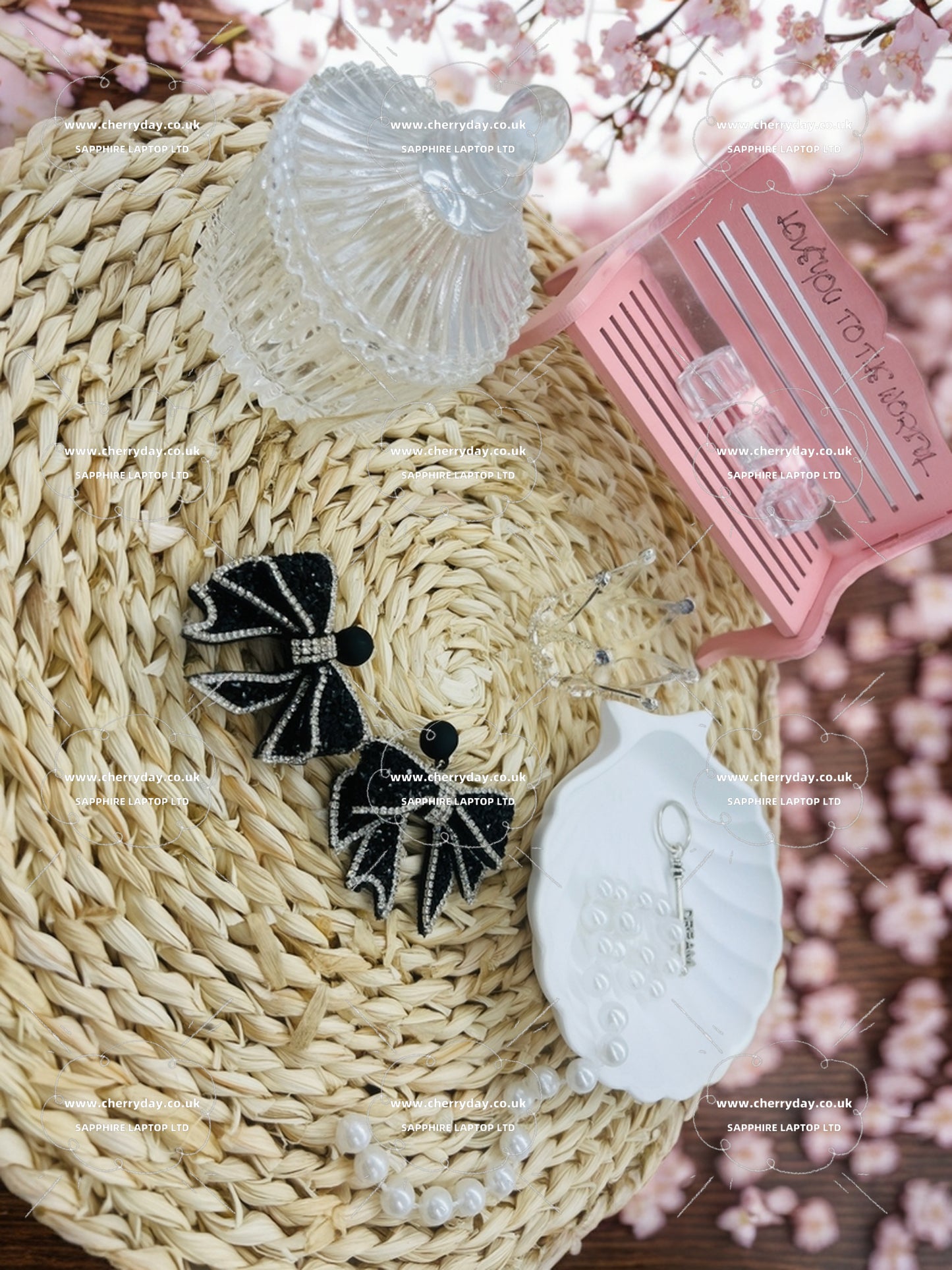 Black rhinestone ribbon earrings