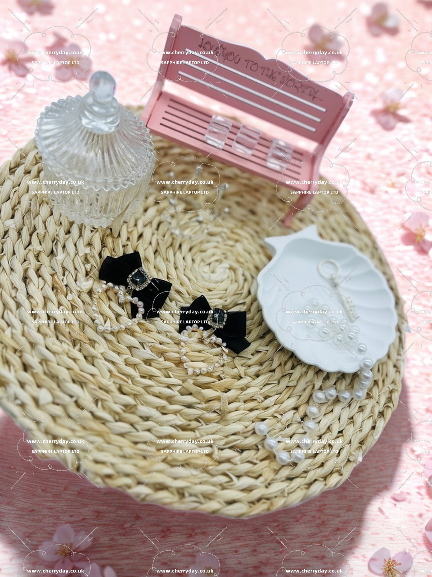 Pearl heart hoop black bow earrings