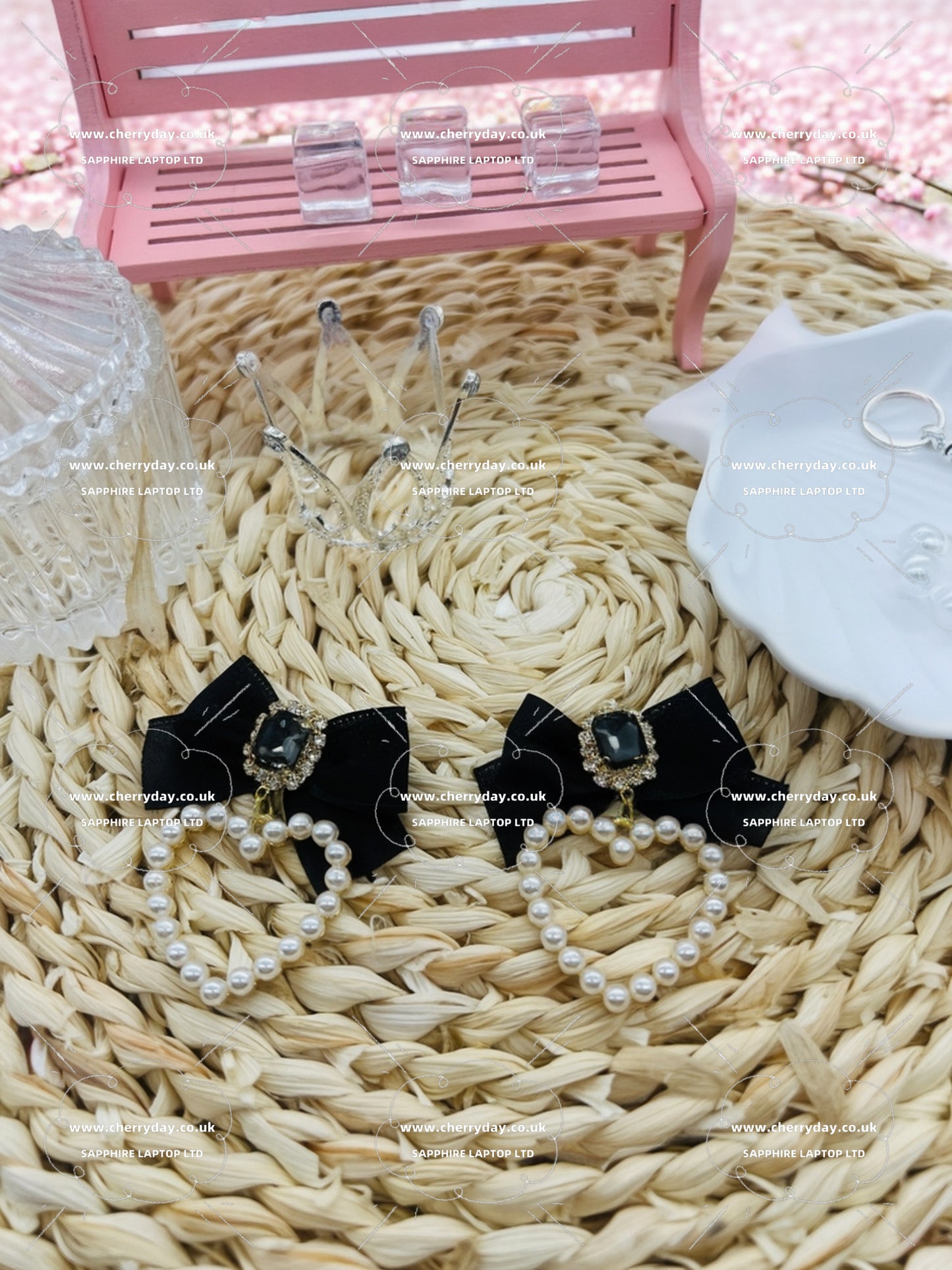 Pearl heart hoop black bow earrings