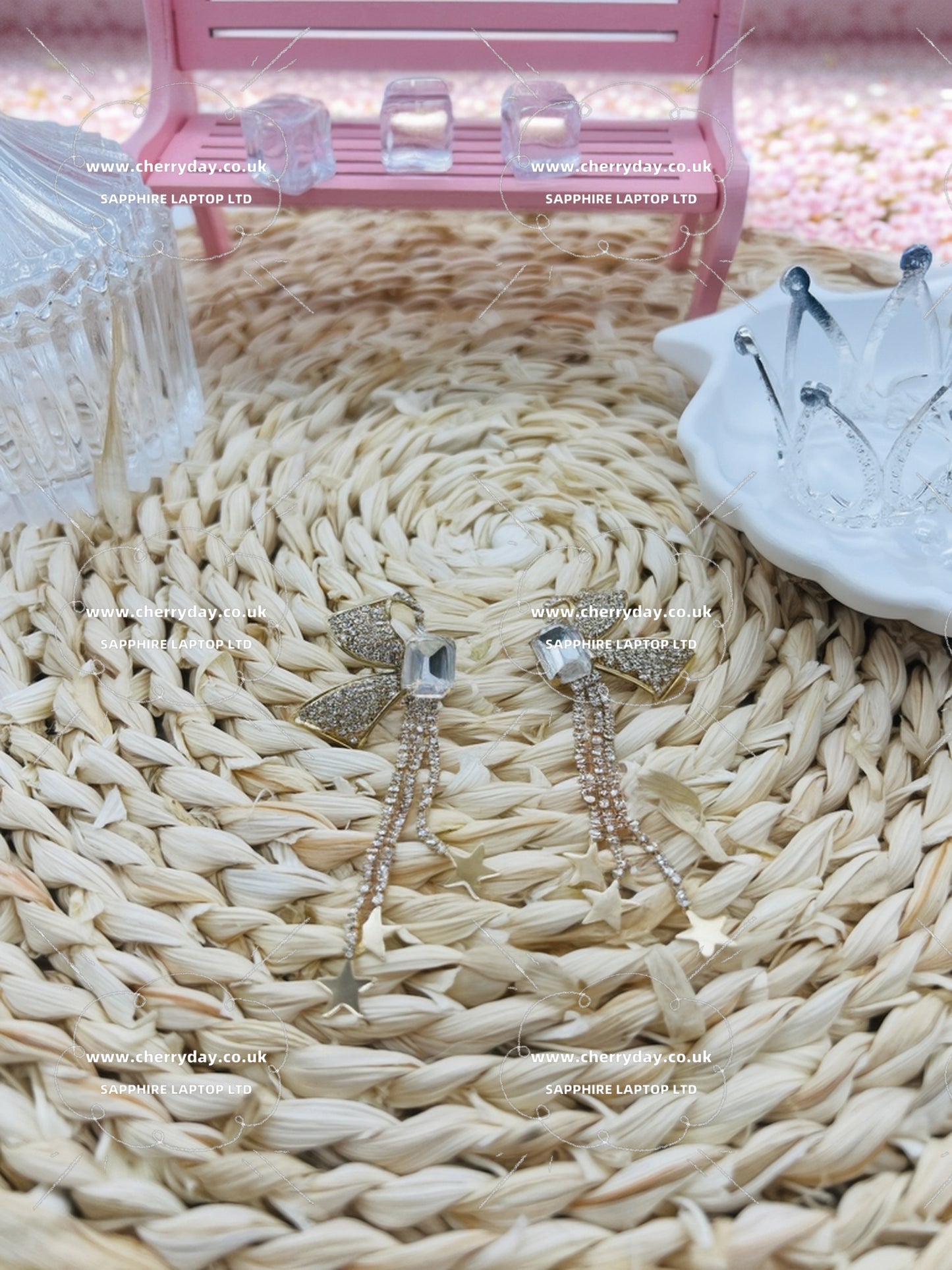 Half ribbon rhinestone tassel earrings