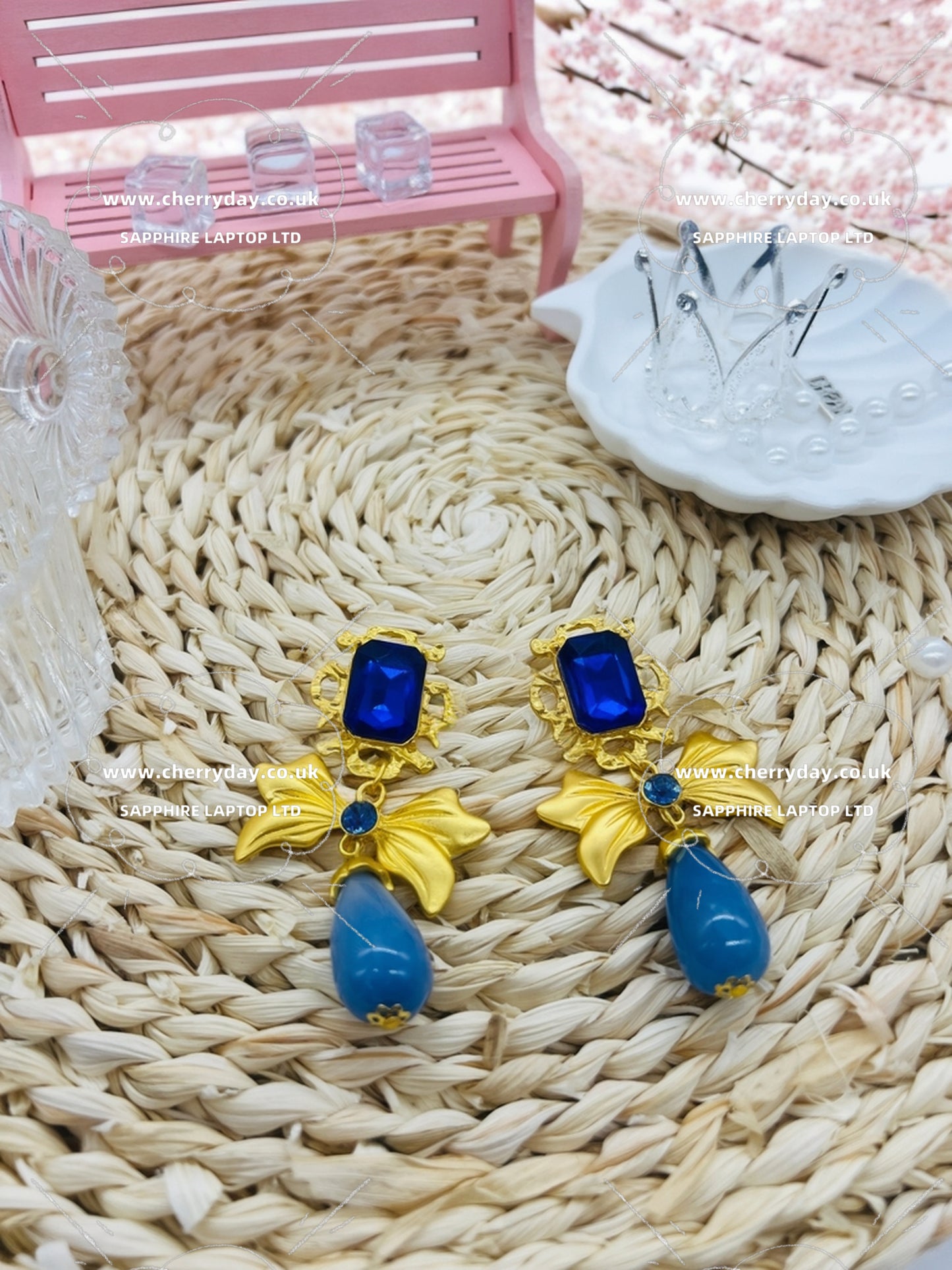 Blue gemstone butterfly tassel earrings