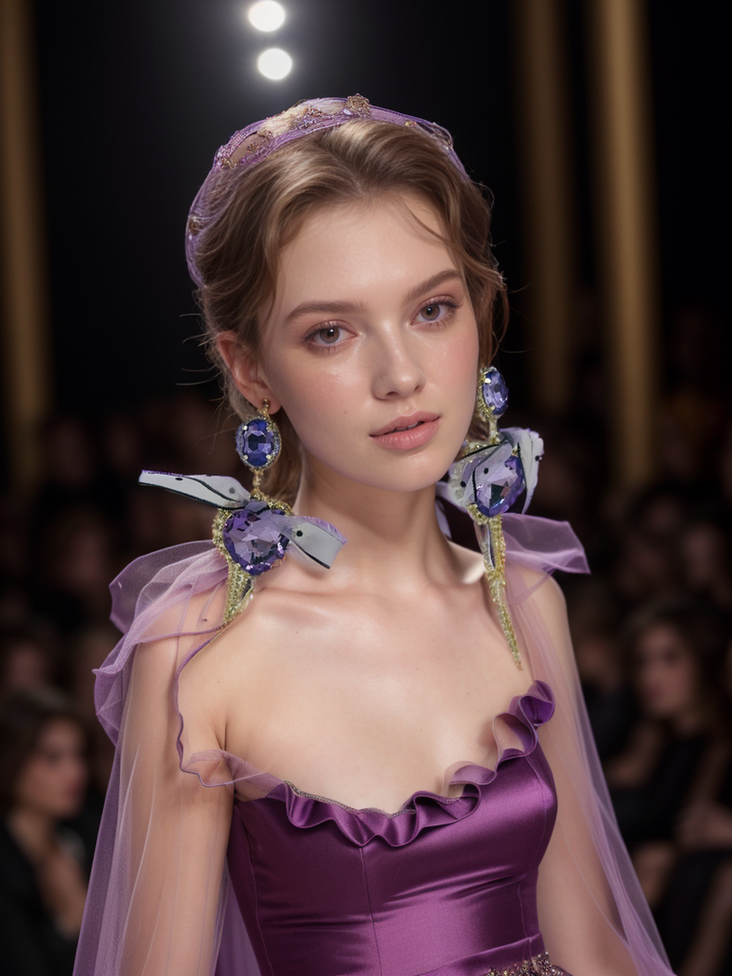 Purple ribbon heart rhinestone earrings