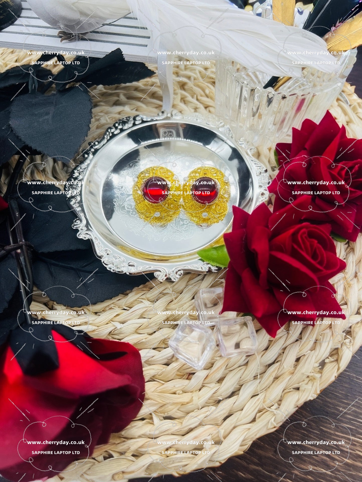 Ruby inlaid fine carved gold earrings