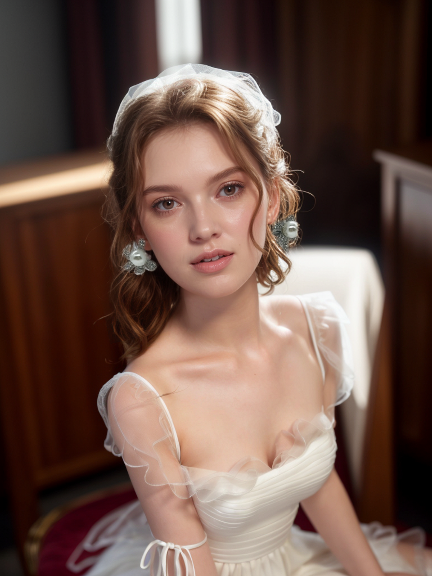 Silver diamonds ribbon pearl earrings
