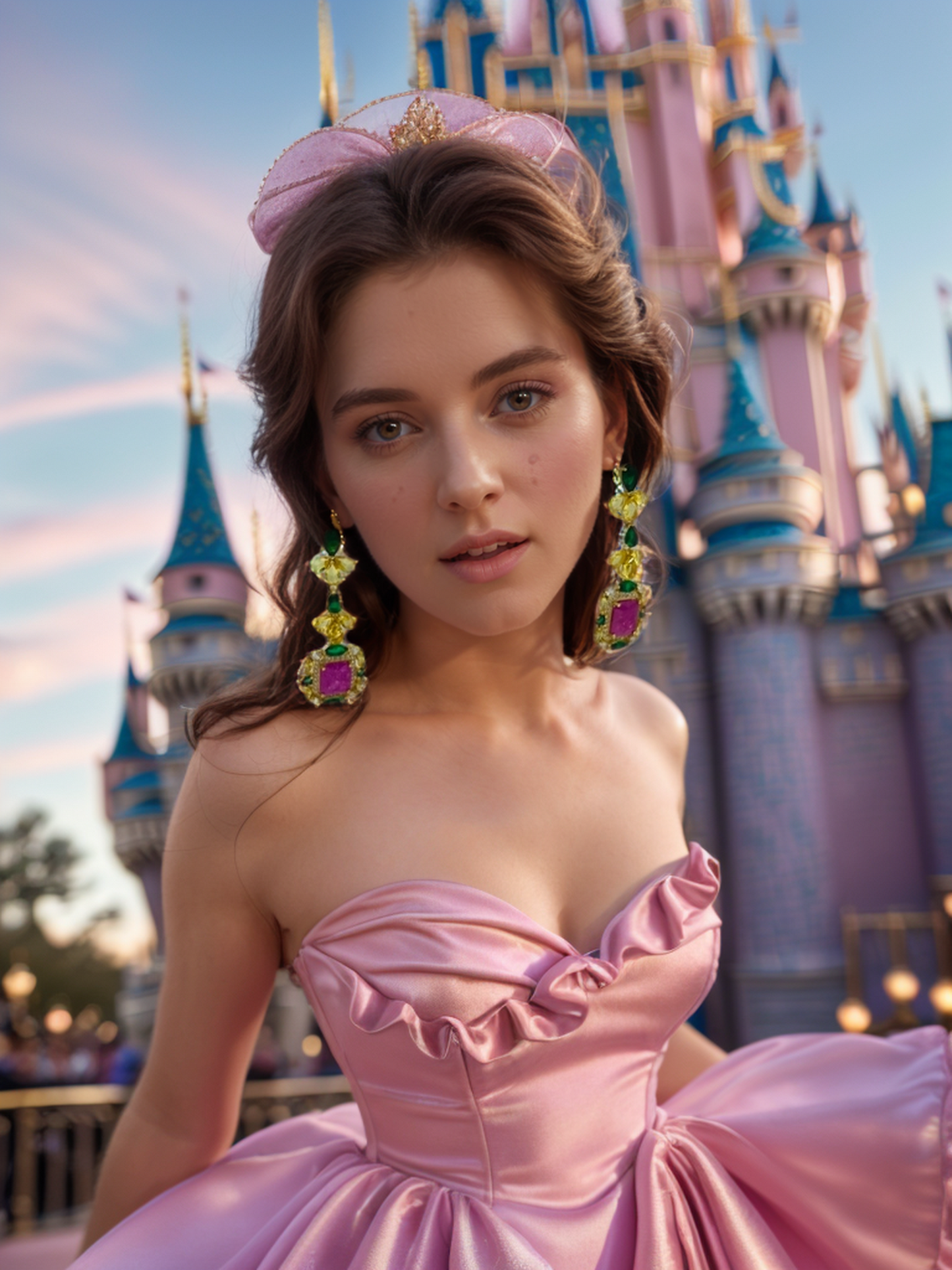 Pink diamonds inlaid green leaves tassel earrings