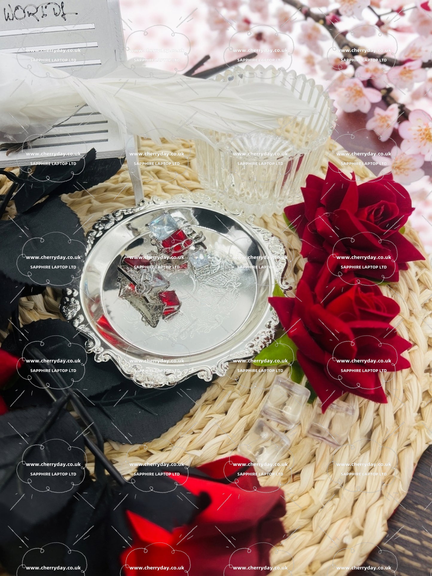 Red cube connected by silver chain tassel earrings