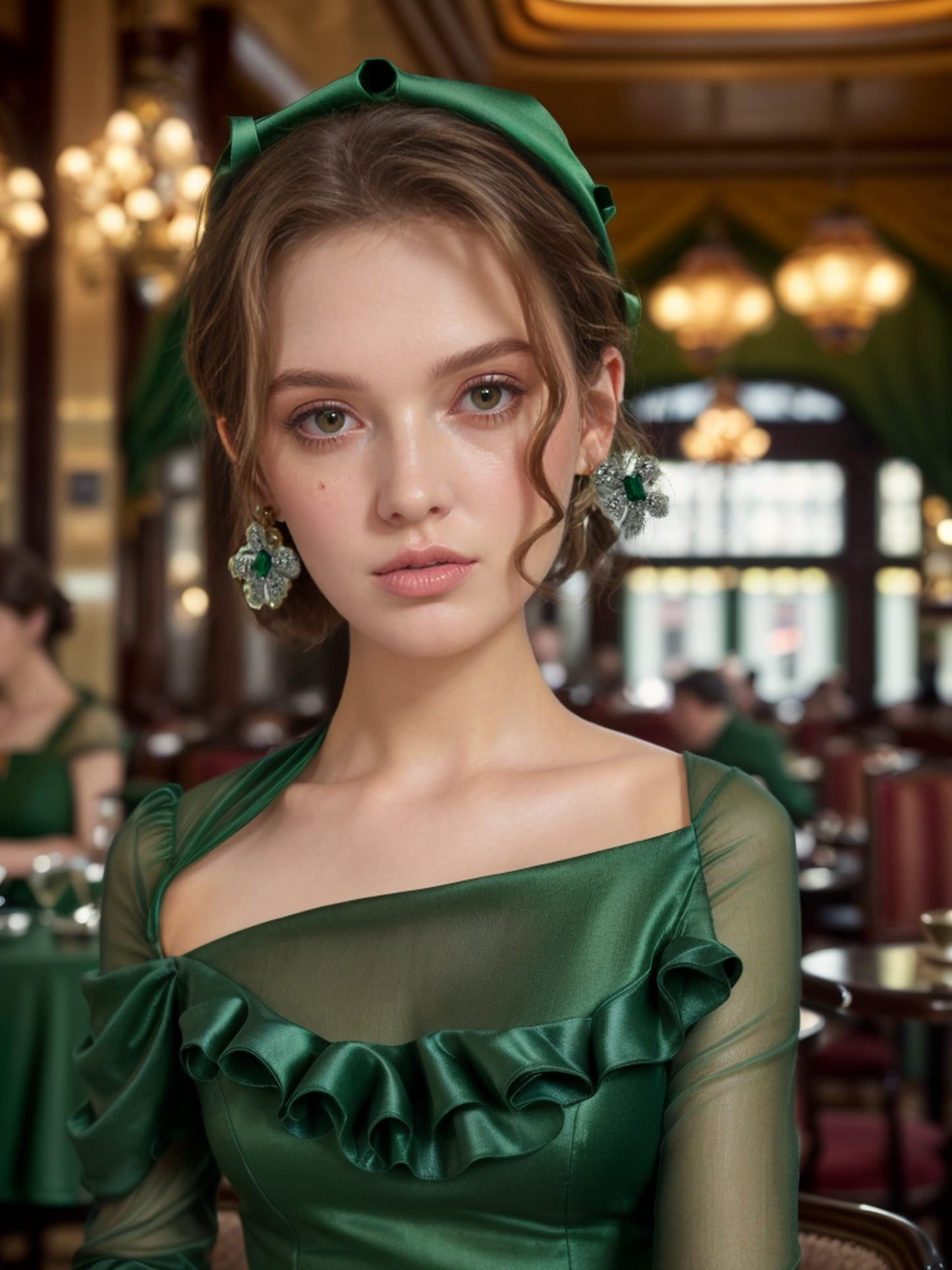 Green diamond inlaid silver bow earrings